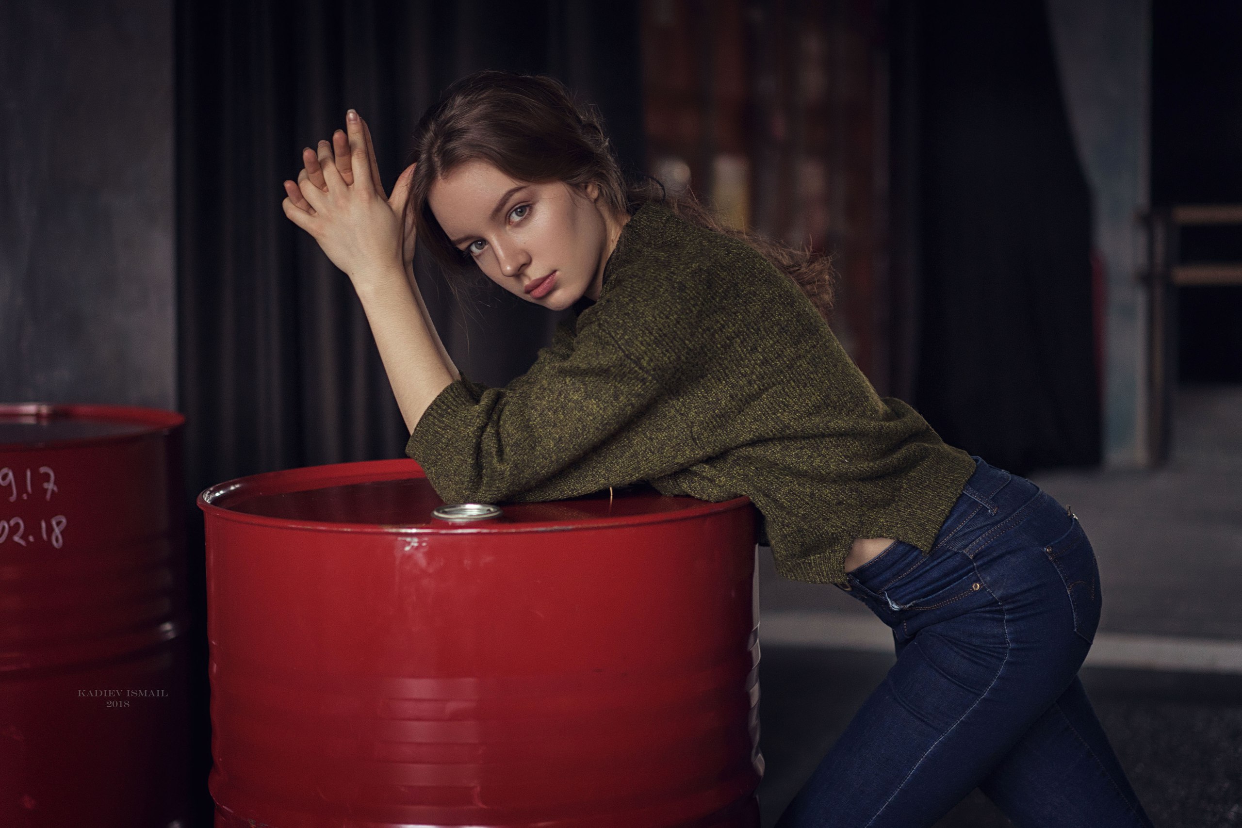 Woman leaning on red barrels, Kadiev Ismail HD Wallpaper