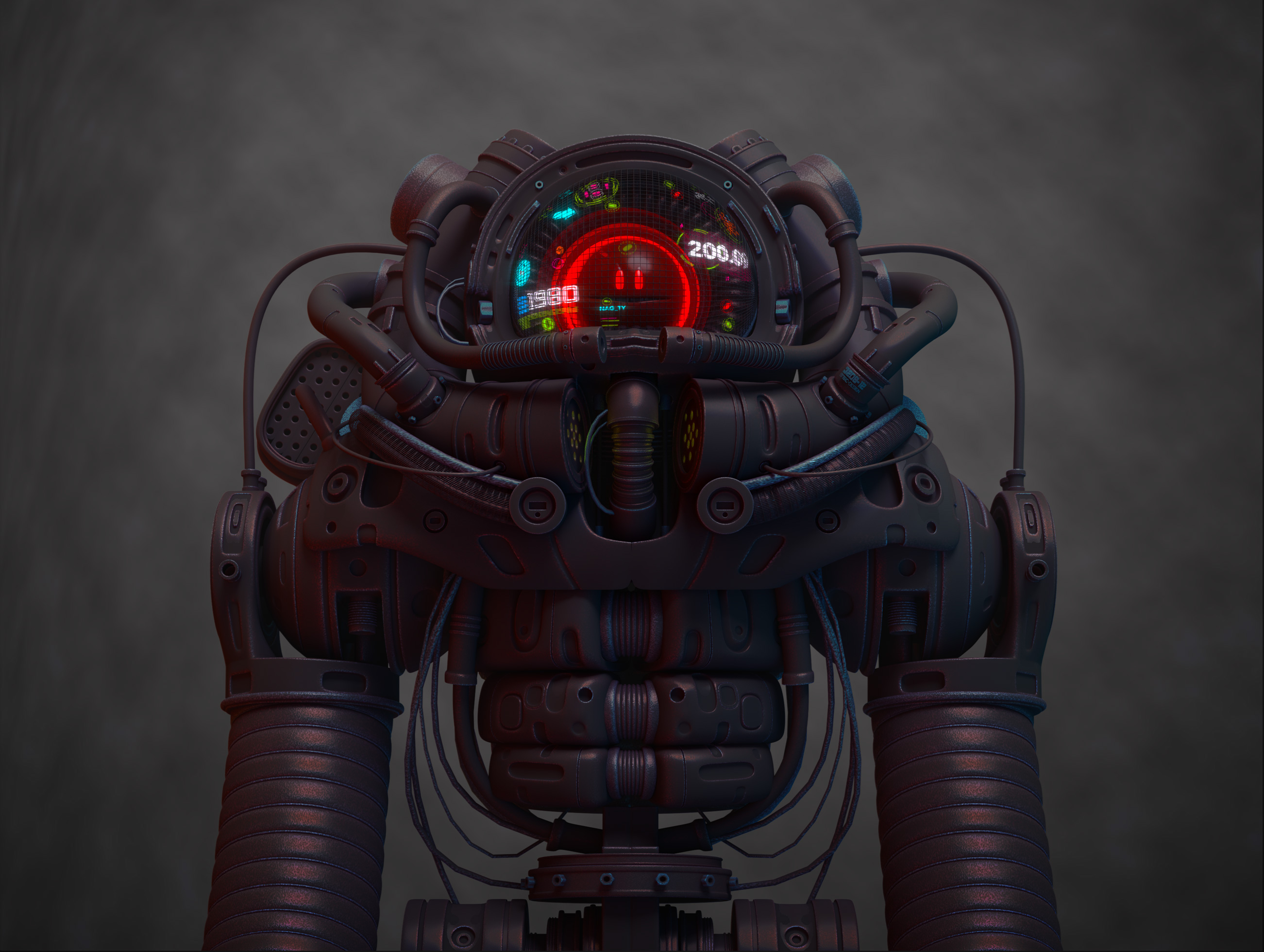 Close-up of a dark, intricate robot with a glowing dashboard HD Wallpaper