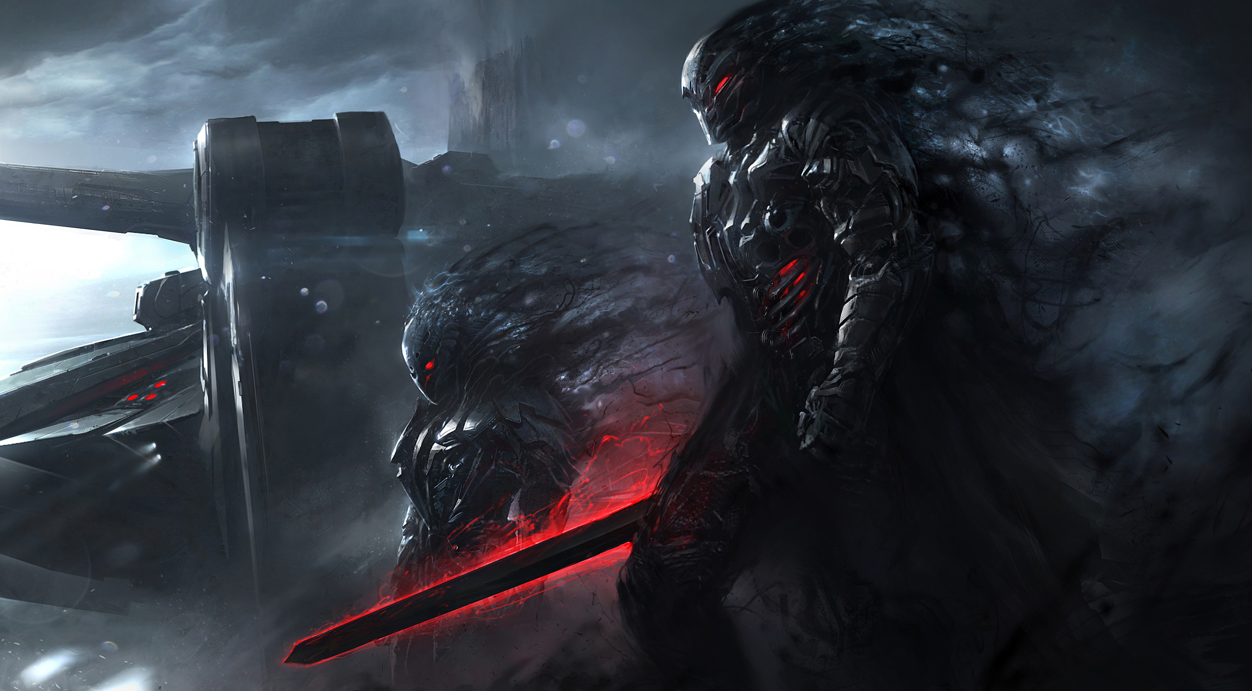 Two dark armored warriors with glowing red eyes and swords HD Wallpaper