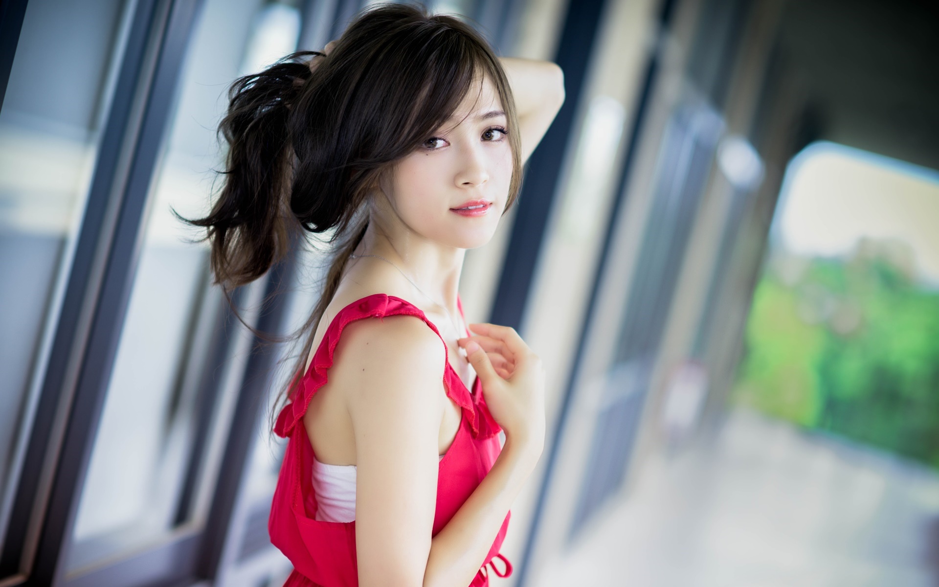 Young Asian woman in red dress HD Wallpaper