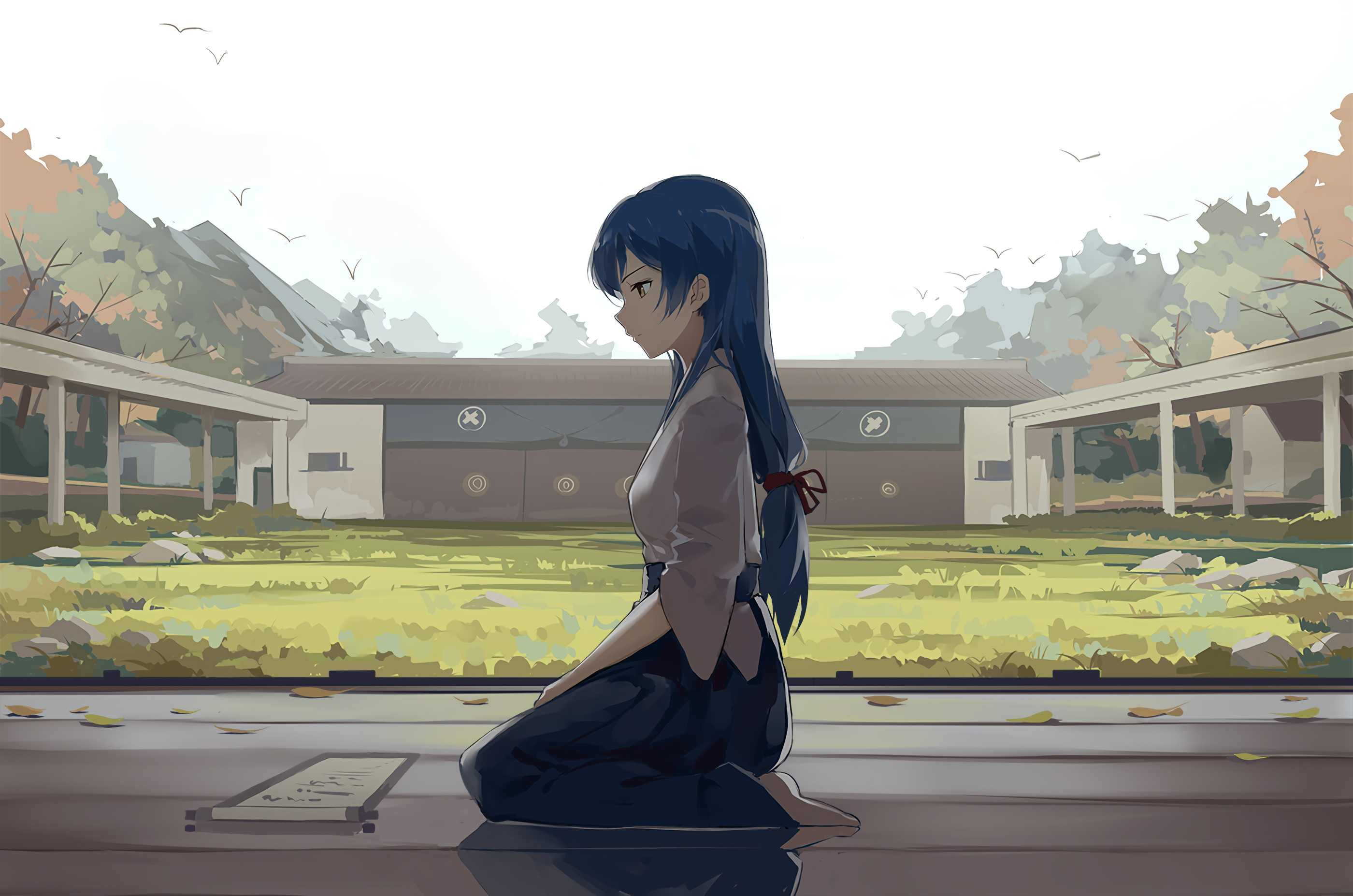 Sonoda Umi from Love Live! kneeling in a courtyard HD Wallpaper