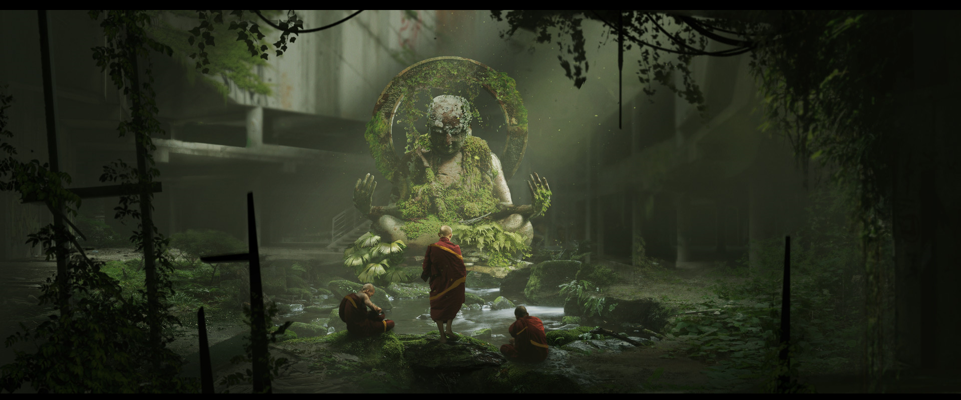 Monks meditate before a moss-covered statue in a ruined sanctuary HD Wallpaper