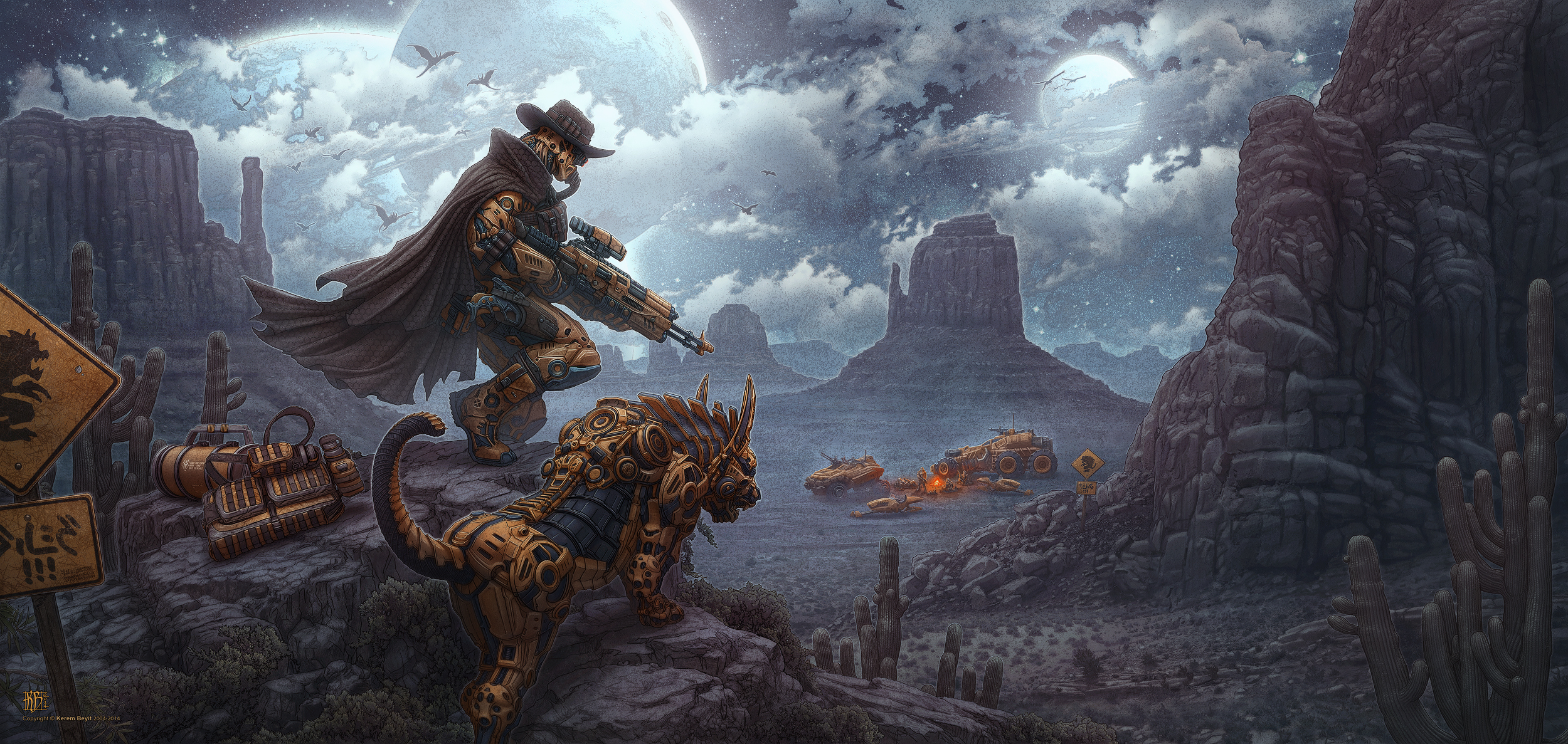 Bounty hunter with mechanical creature in desert landscape HD Wallpaper