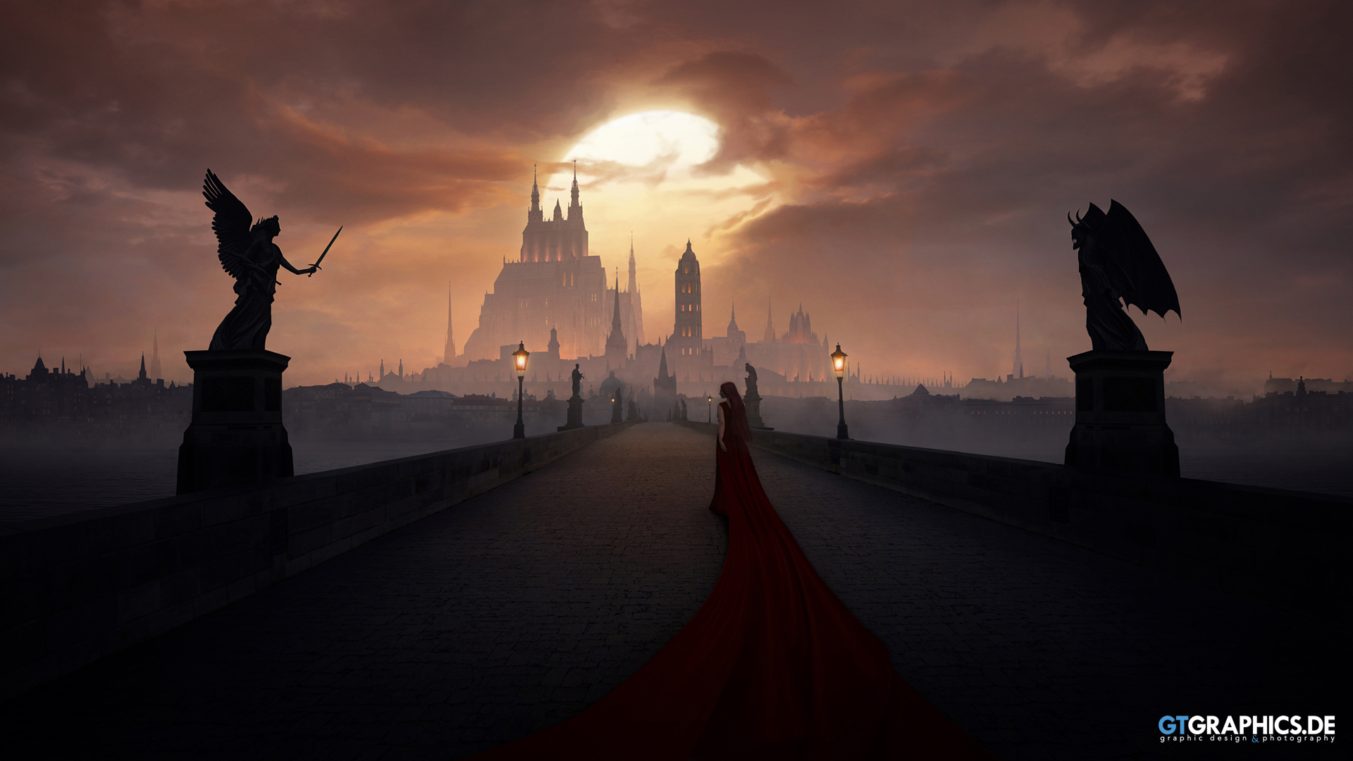 Fantasy bridge with statues and castle HD Wallpaper
