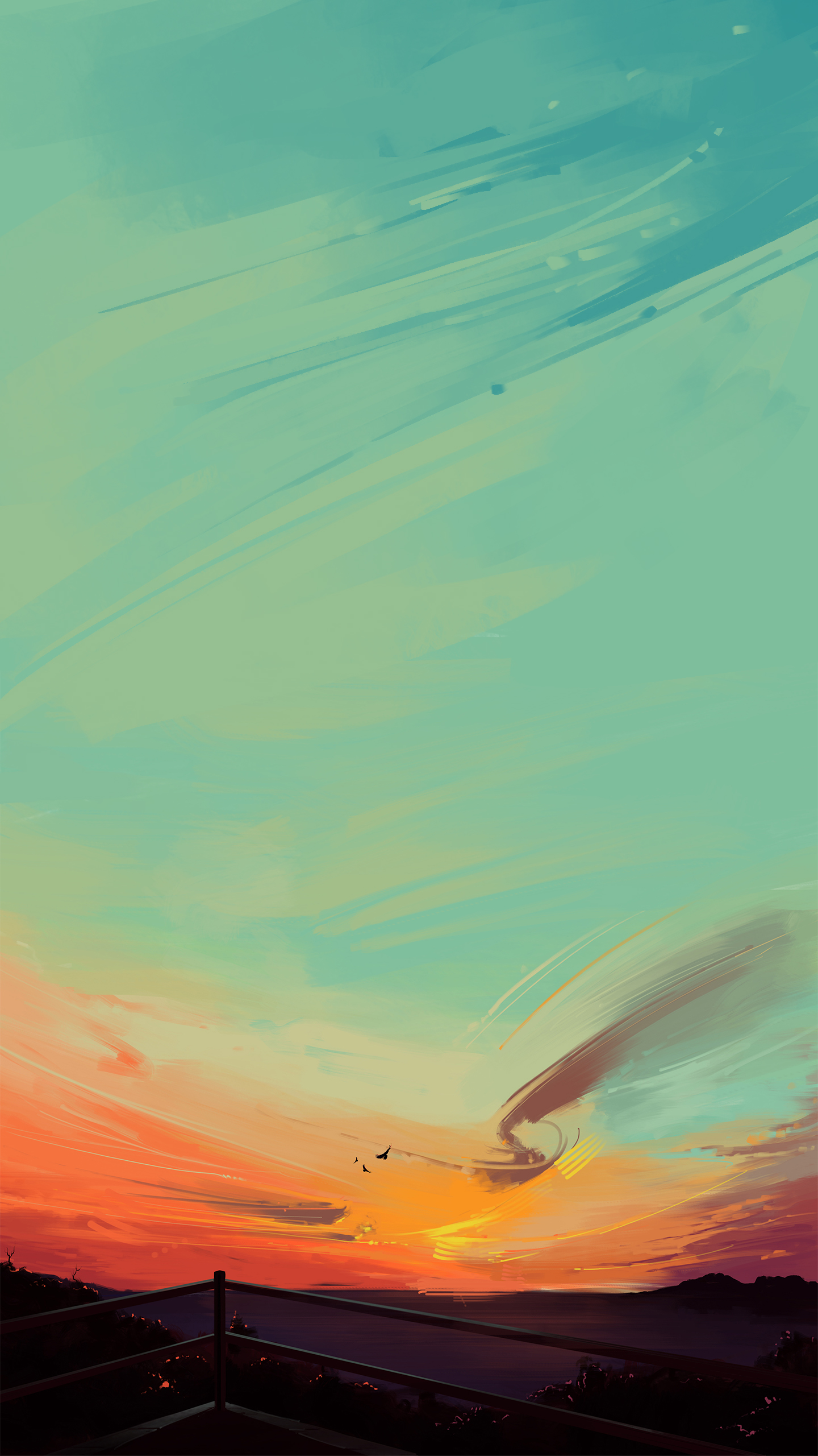 Digital art of a sunset over the ocean HD Wallpaper