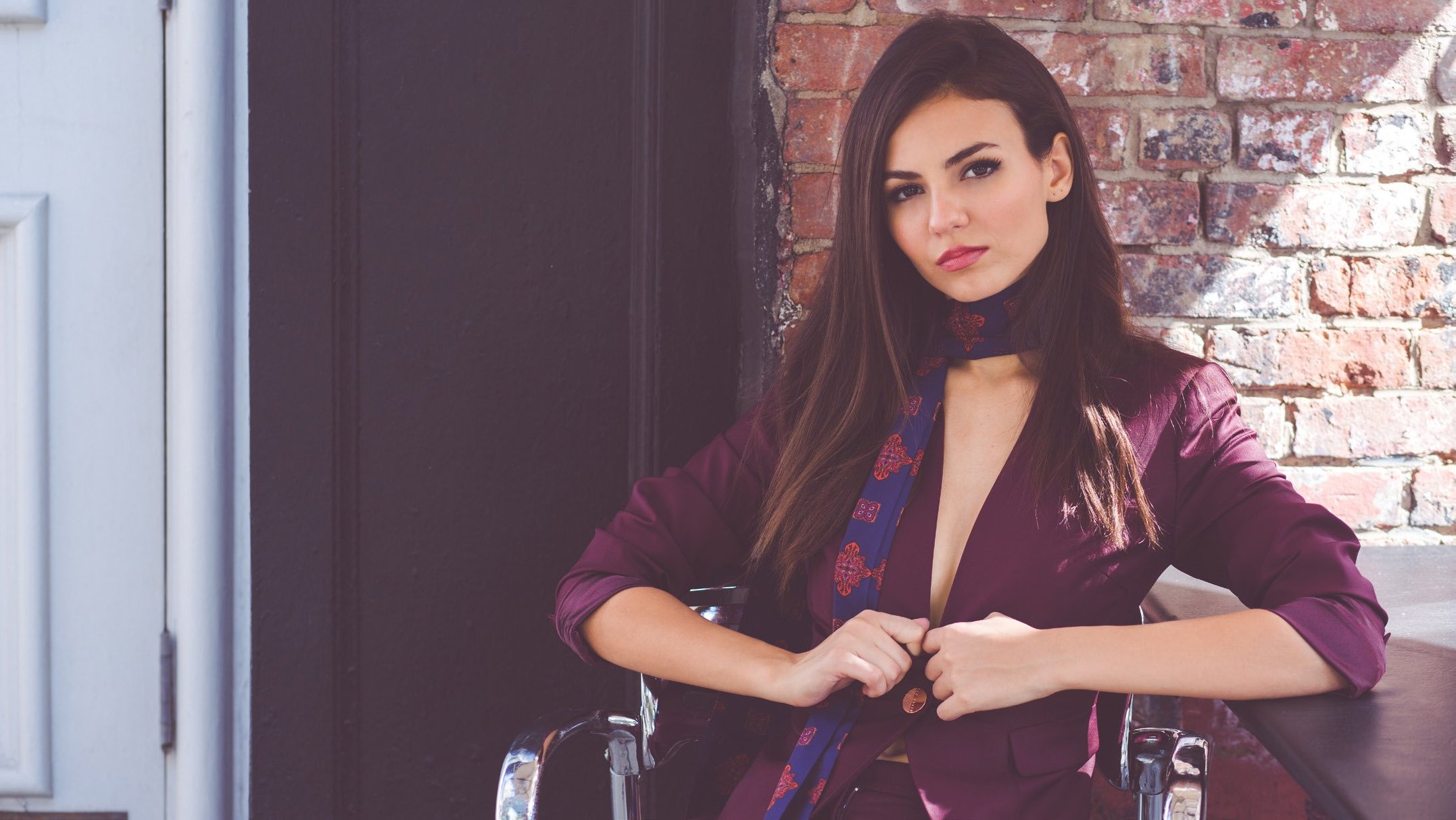 Victoria Justice in a burgundy suit HD Wallpaper