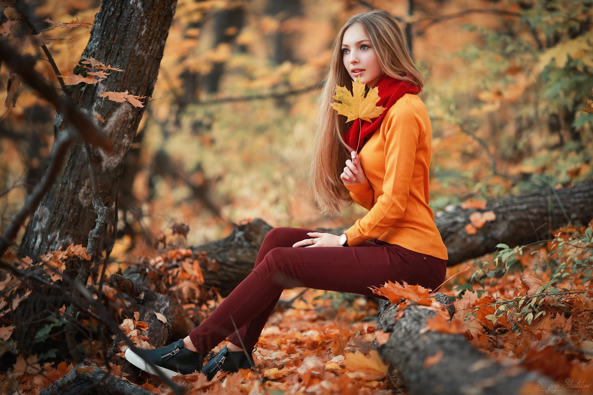Woman in orange sweater and red scarf holding a leaf in the forest HD Wallpaper