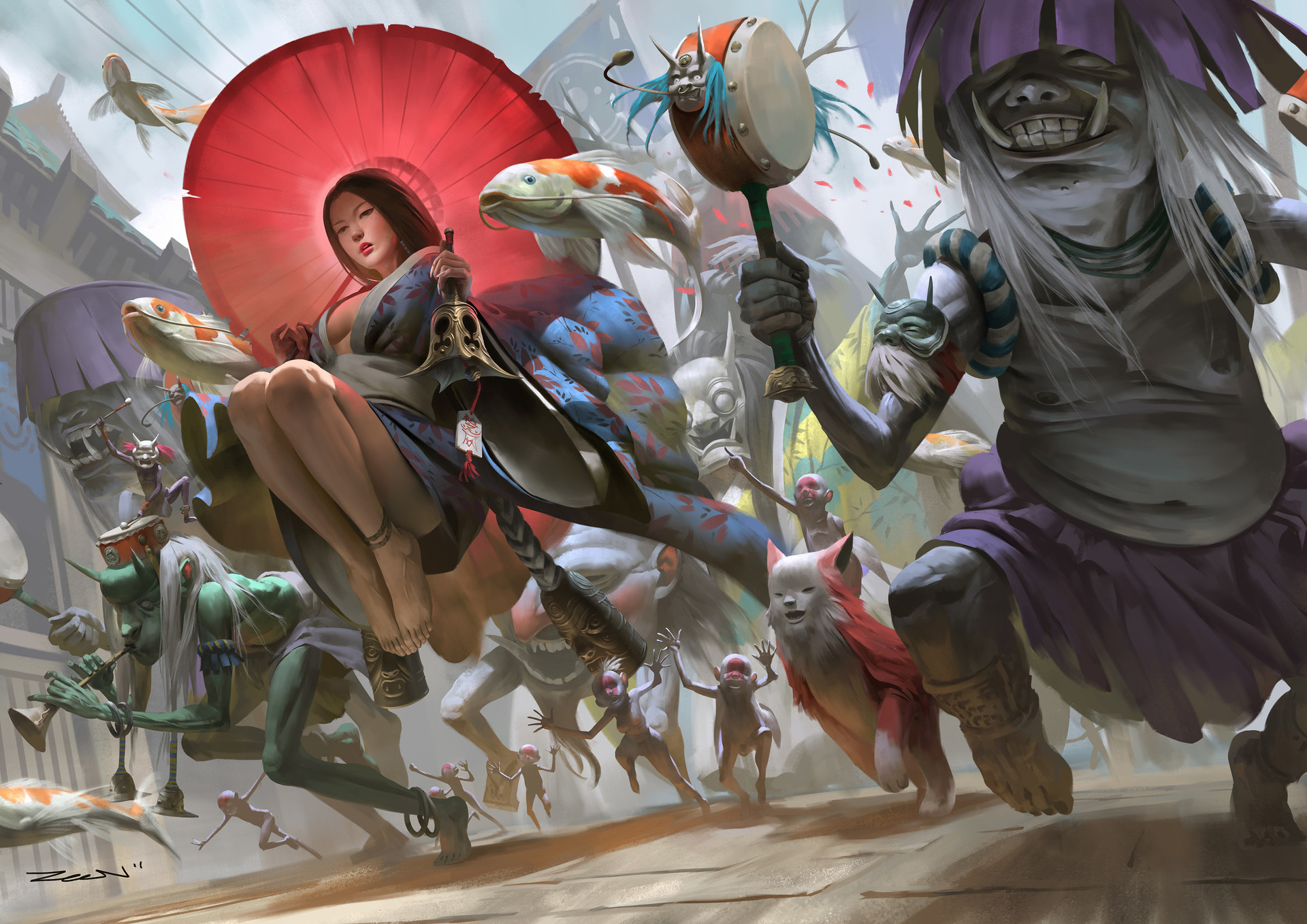 Woman with umbrella surrounded by creatures and koi fish HD Wallpaper