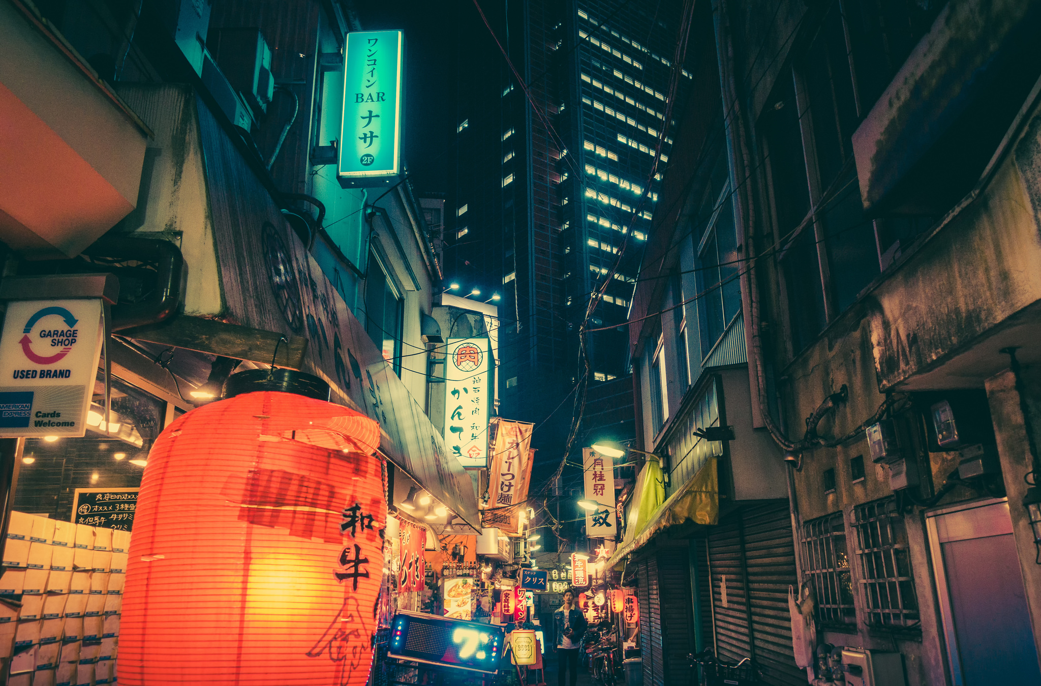 Night alley in Japan with neon signs and lanterns HD Wallpaper