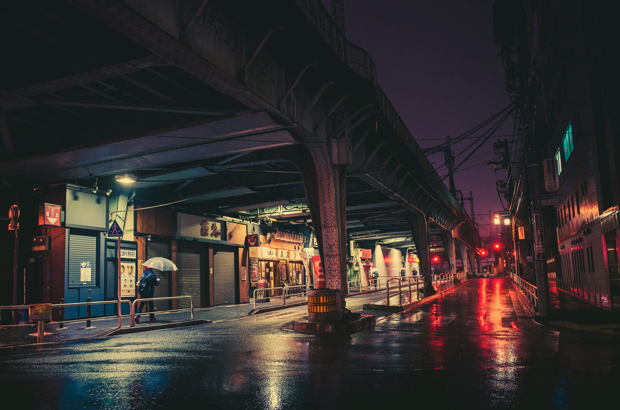 Night street in Japan under an elevated train track HD Wallpaper