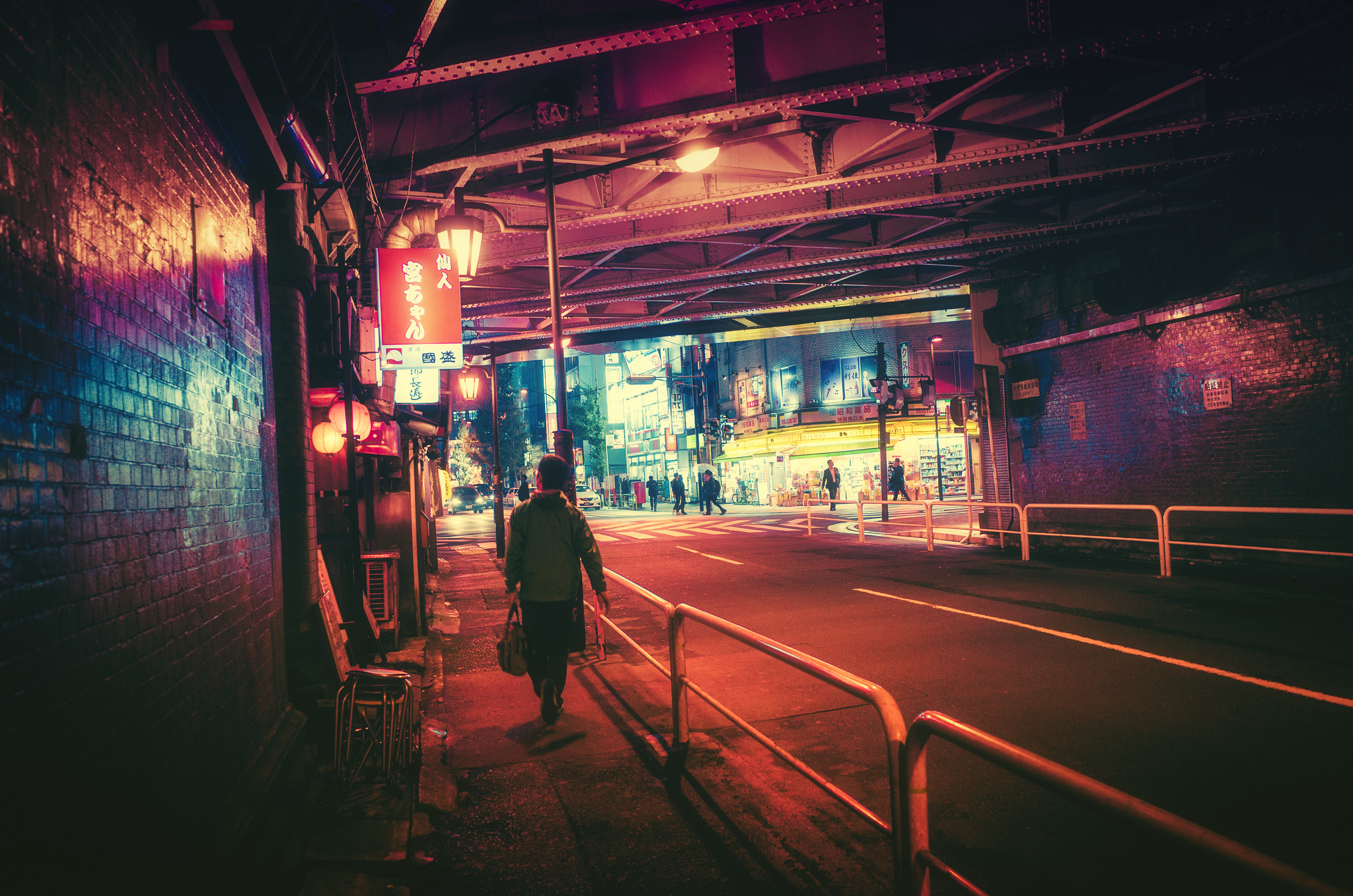Night street scene in Japan with neon lights HD Wallpaper