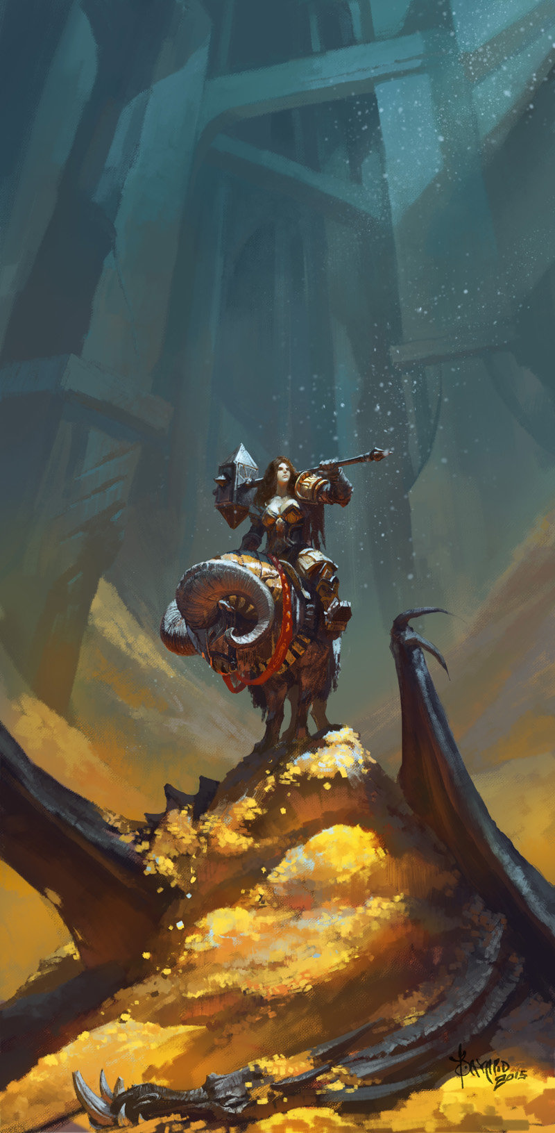 Woman in armor riding a goat on a dragon's hoard HD Wallpaper