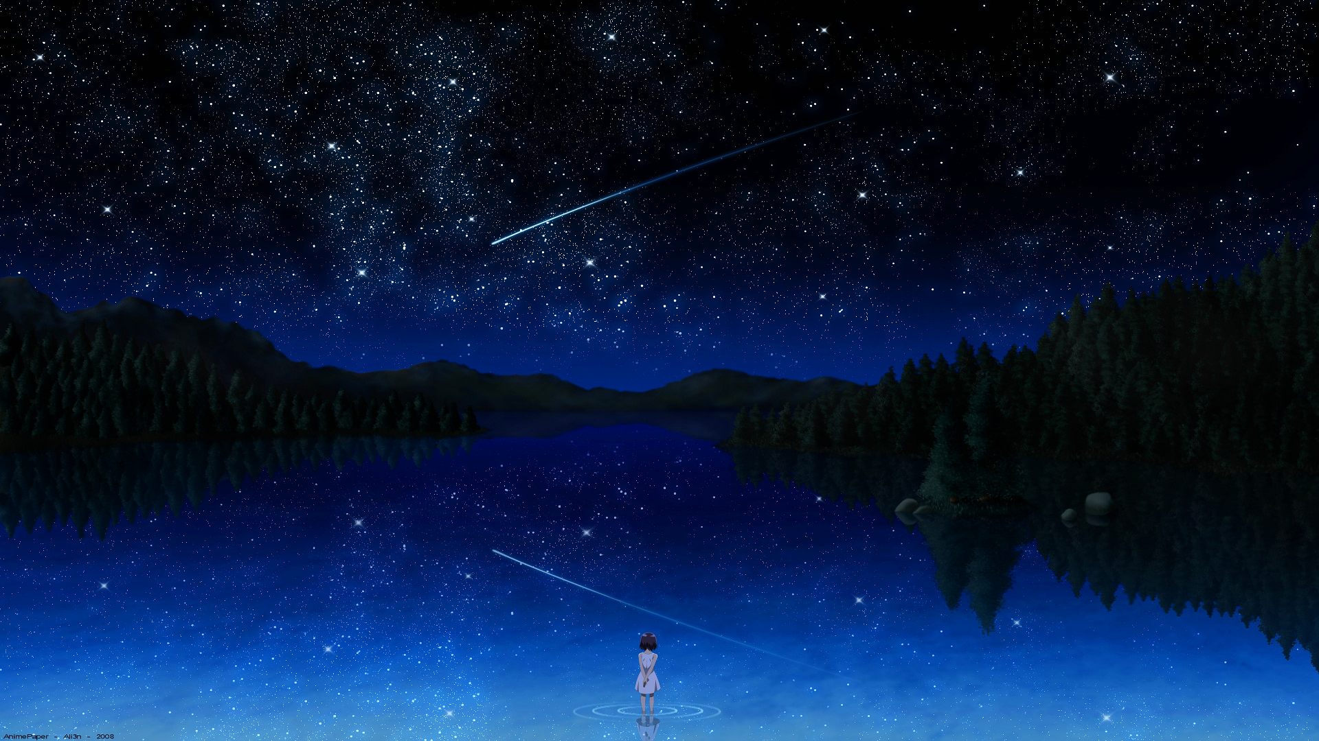 Anime girl watching shooting stars over a lake at night HD Wallpaper