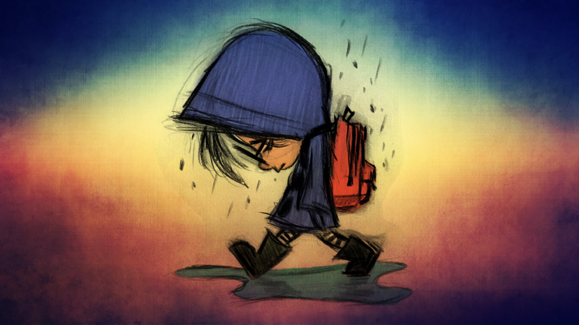 children, sad, cartoon, rain, blue, red HD Wallpaper