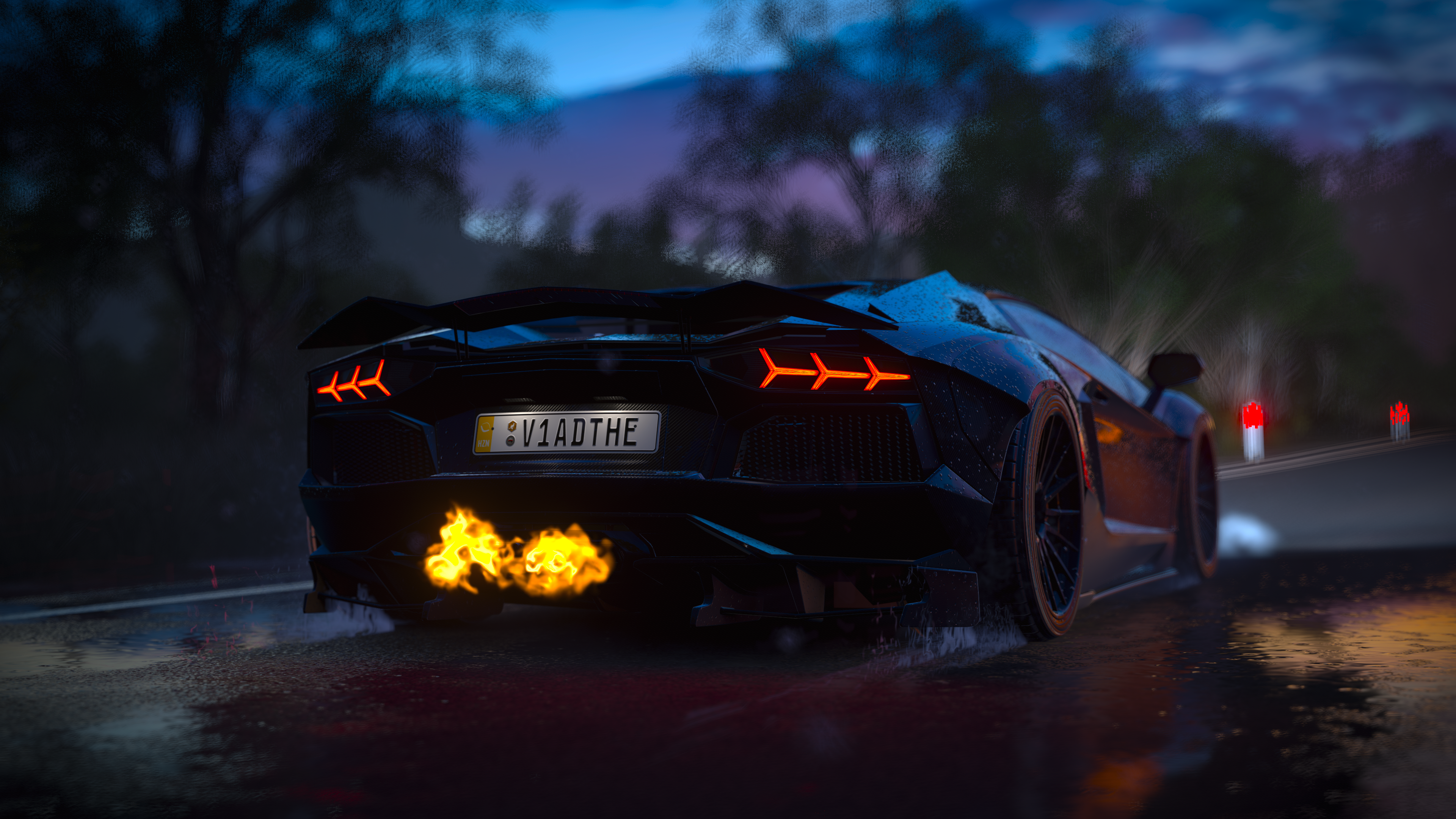 Black Lamborghini Aventador with flames from exhaust HD Wallpaper
