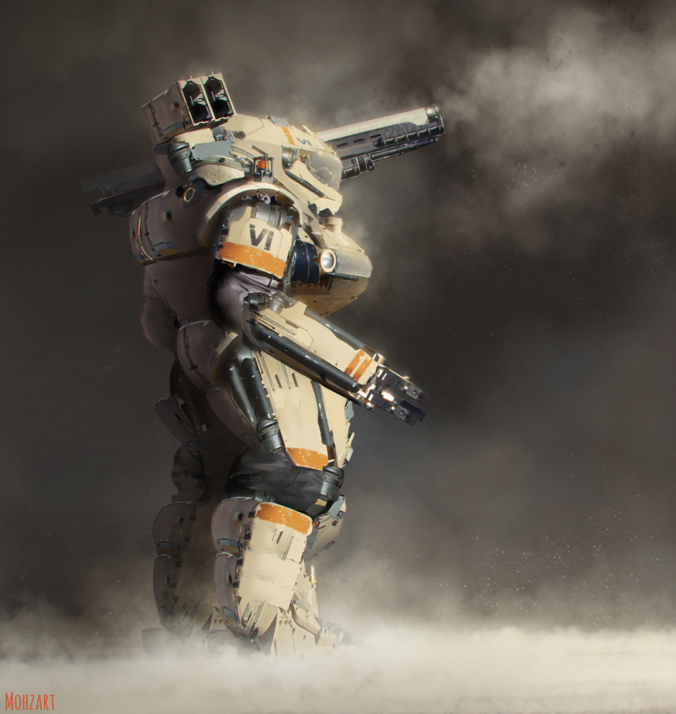 Futuristic mech suit with cannons in dusty environment HD Wallpaper