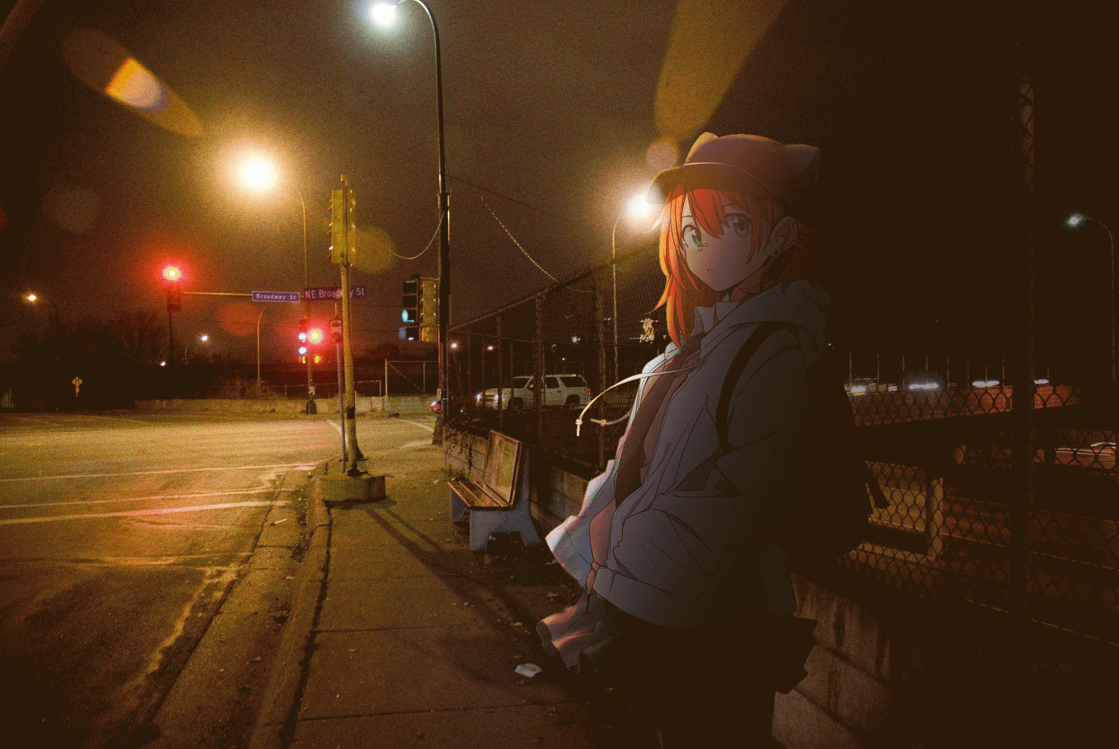 Anime girl at a bus station at night HD Wallpaper
