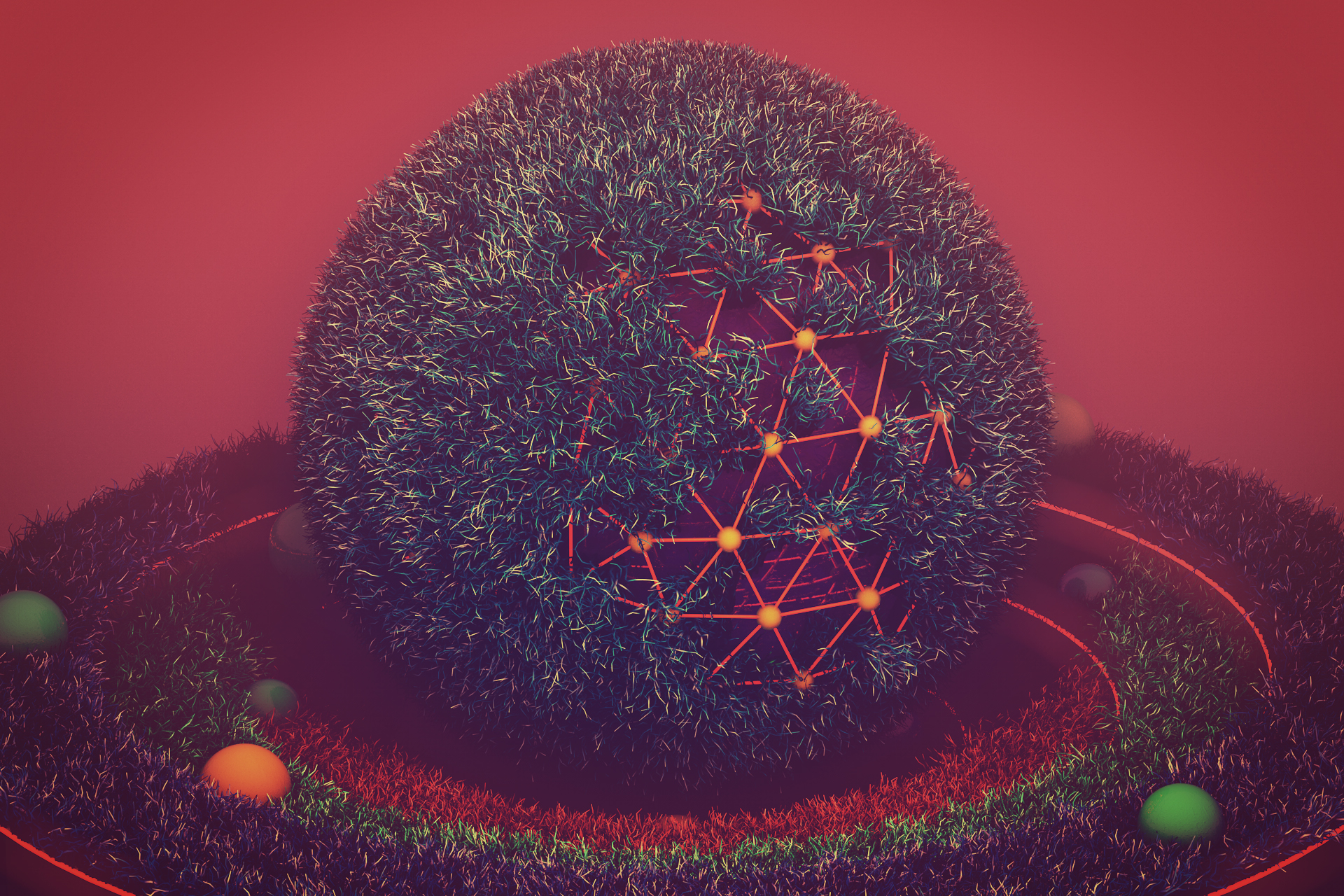Abstract grass sphere with geometric network HD Wallpaper