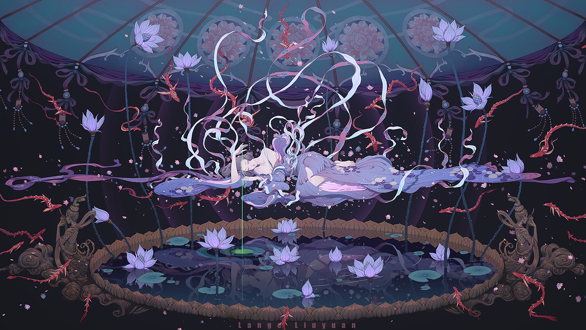 Two figures in purple robes with long hair floating above a lotus pond with fish HD Wallpaper