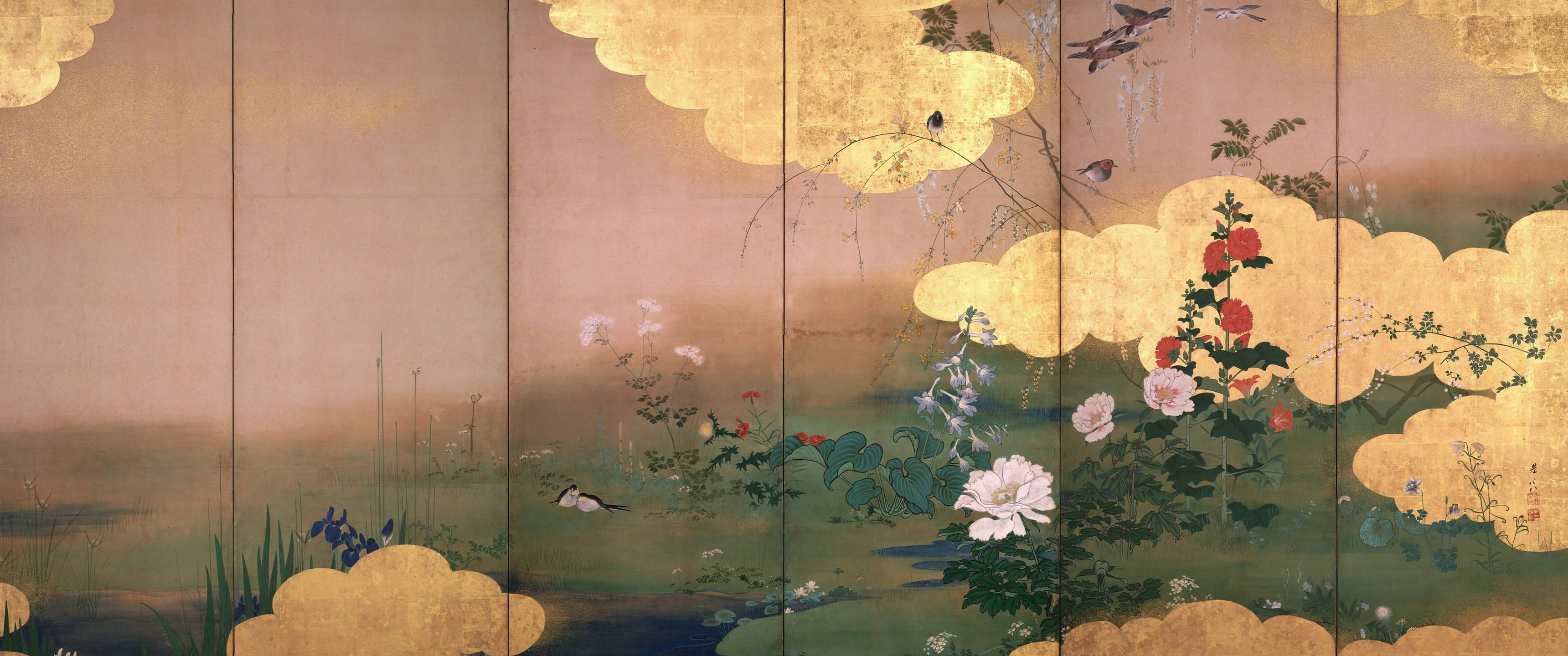 Japanese screen painting with birds and flowers HD Wallpaper