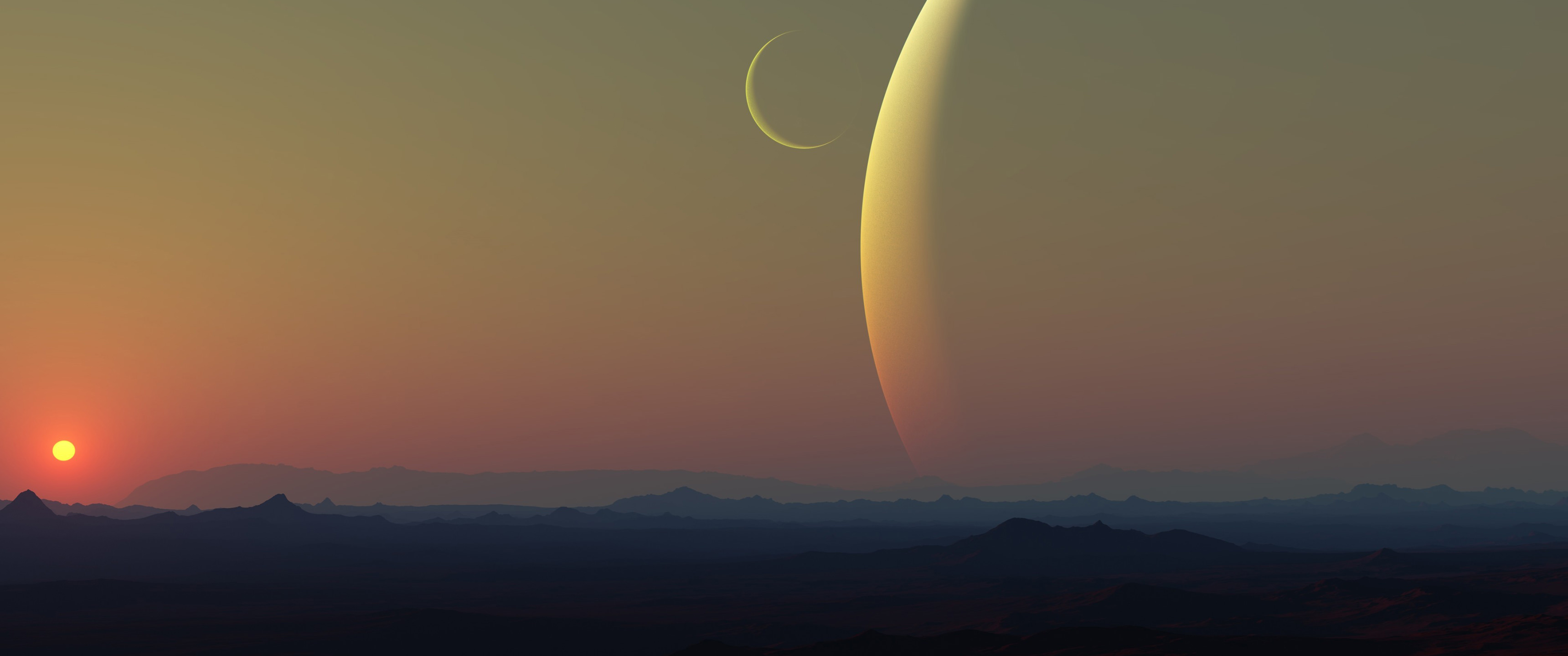 Alien planet landscape with sun and moons HD Wallpaper