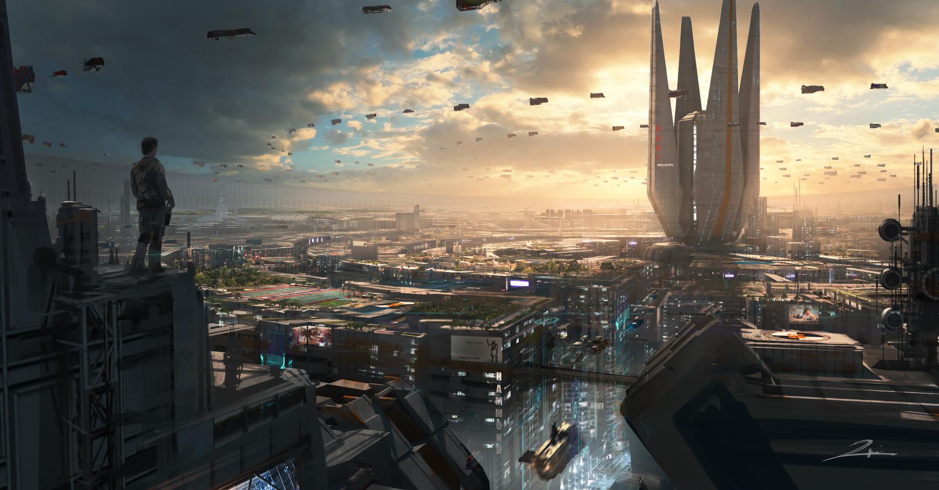 Futuristic cityscape with flying vehicles and a lone observer HD Wallpaper