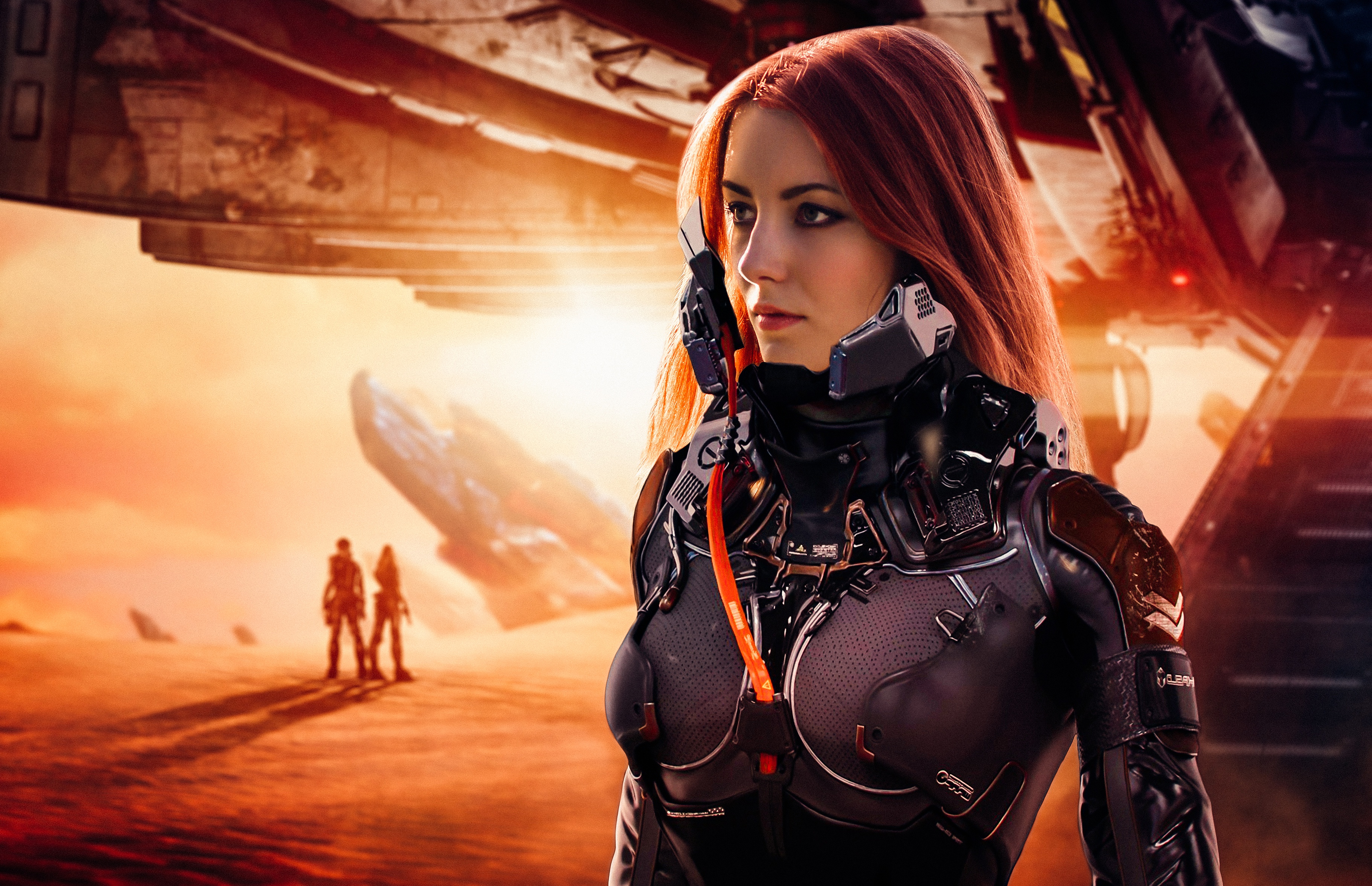 Woman in sci-fi armor on an alien planet HD Wallpaper