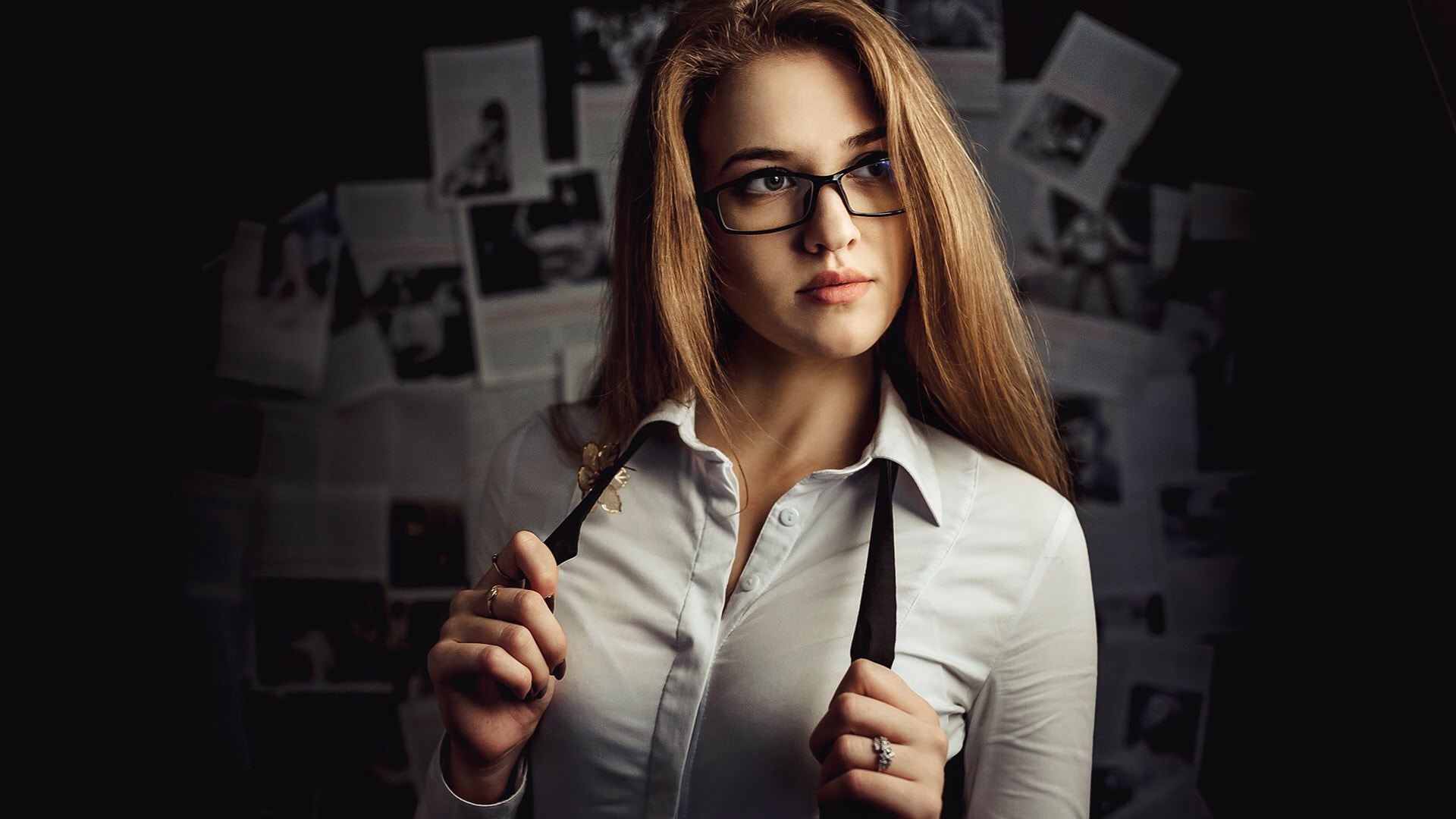 Woman in white shirt and glasses holding suspenders HD Wallpaper