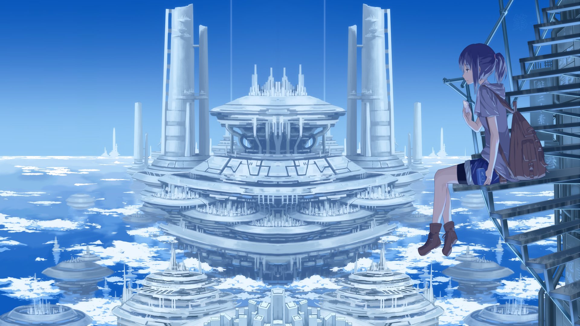 Anime girl with short hair sitting on stairs overlooking futuristic city HD Wallpaper