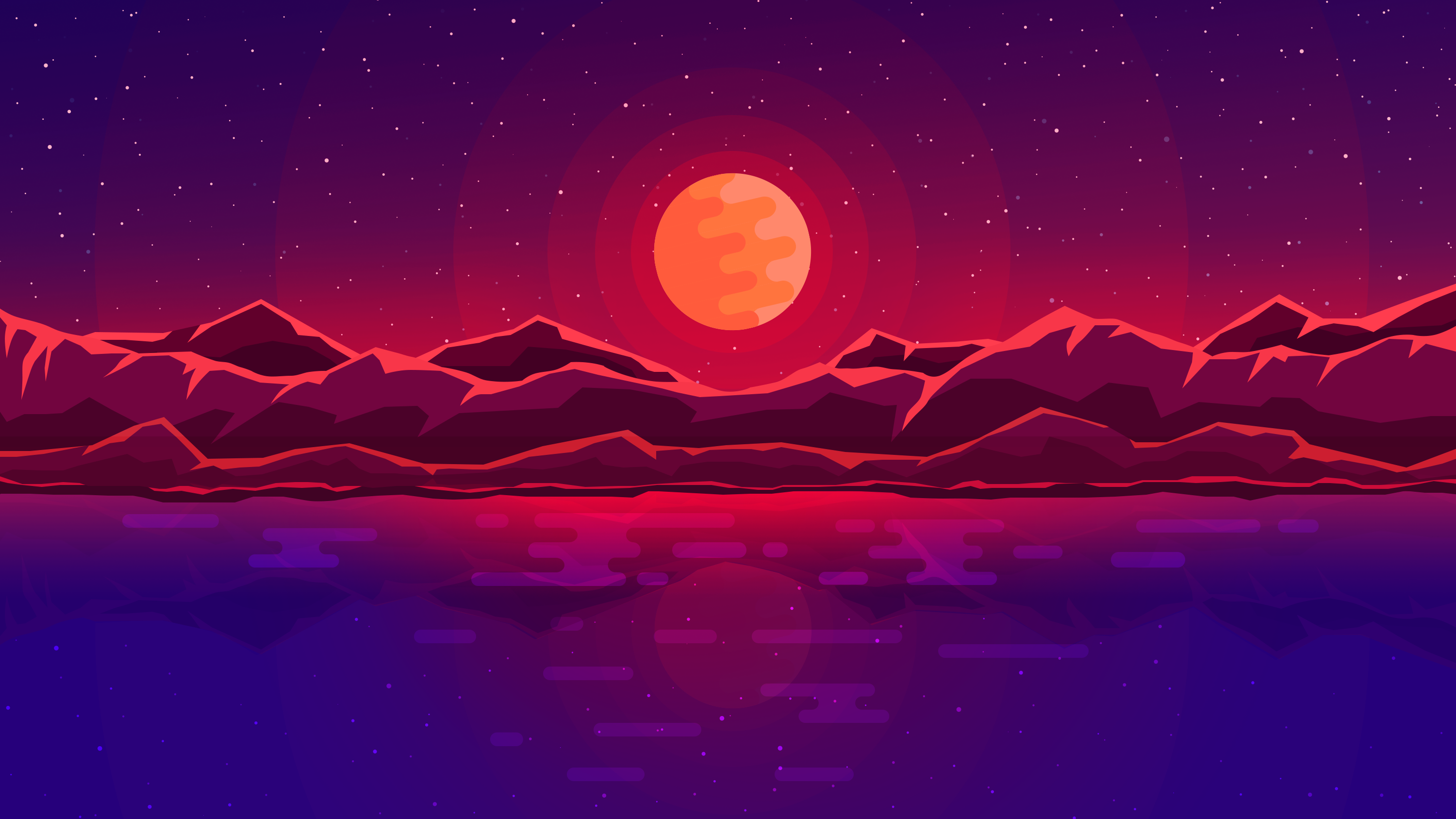 Digital art of mountains and moon reflection HD Wallpaper