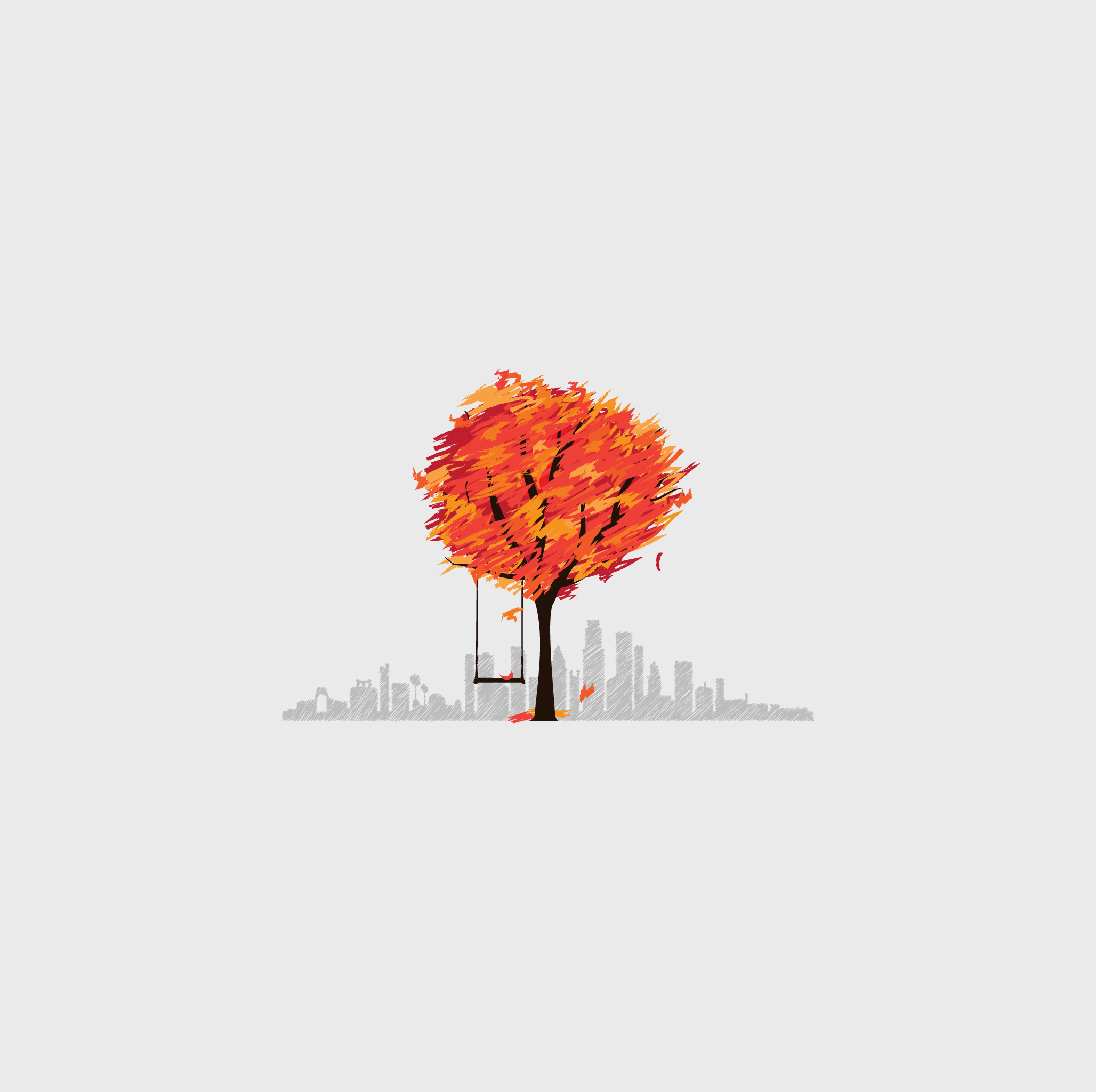 Autumn tree with swing in front of cityscape HD Wallpaper