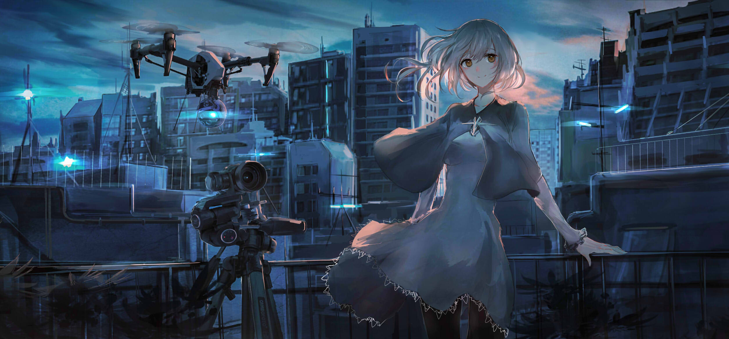 Anime girl with drone and camera in futuristic city HD Wallpaper