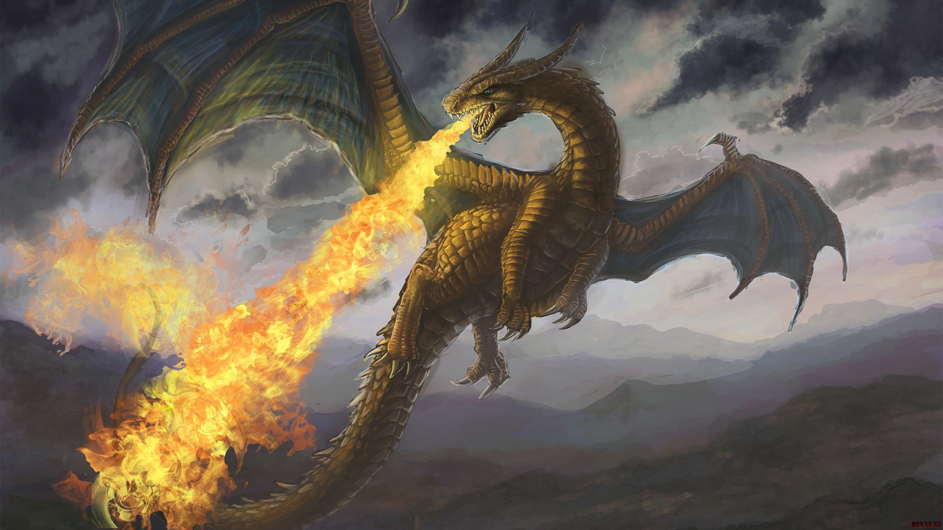 Golden dragon breathing fire in a stormy sky HD Wallpaper
