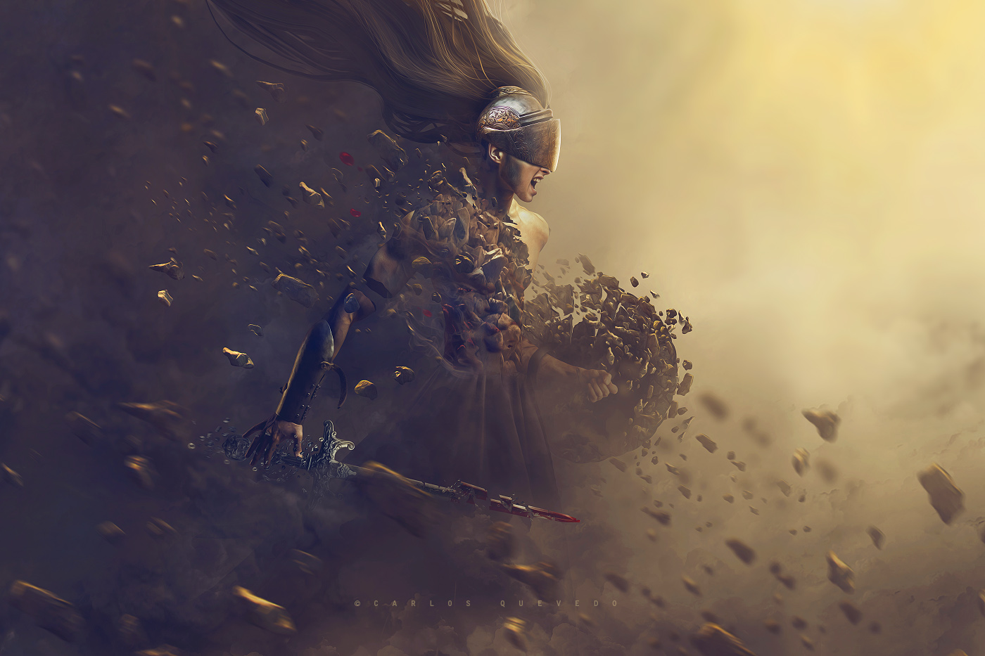 Woman dissolving into rocks with sword HD Wallpaper
