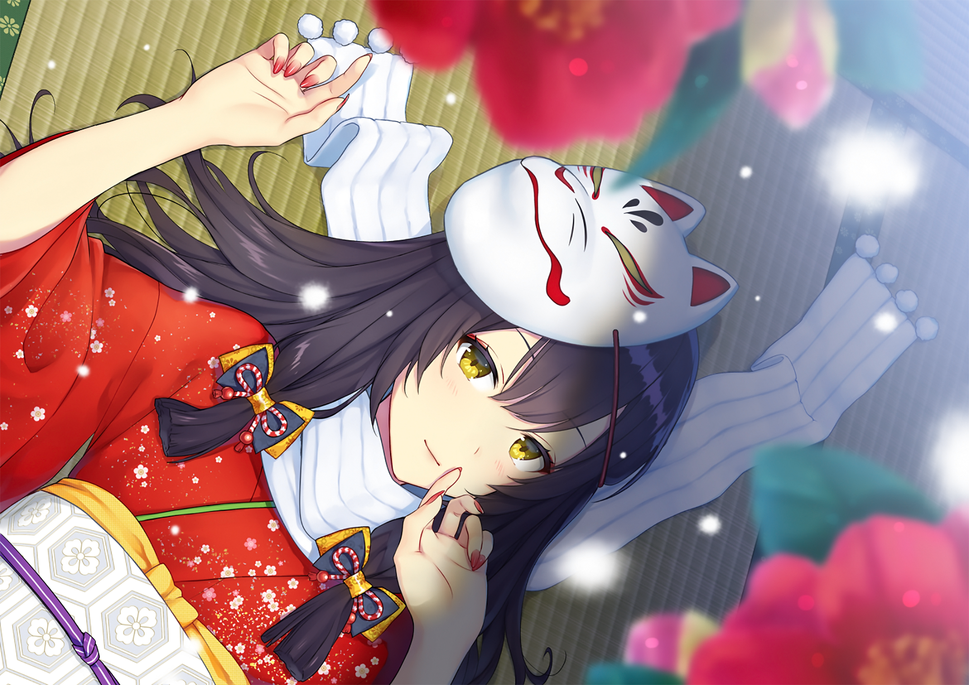 Anime girl with fox mask and kimono HD Wallpaper