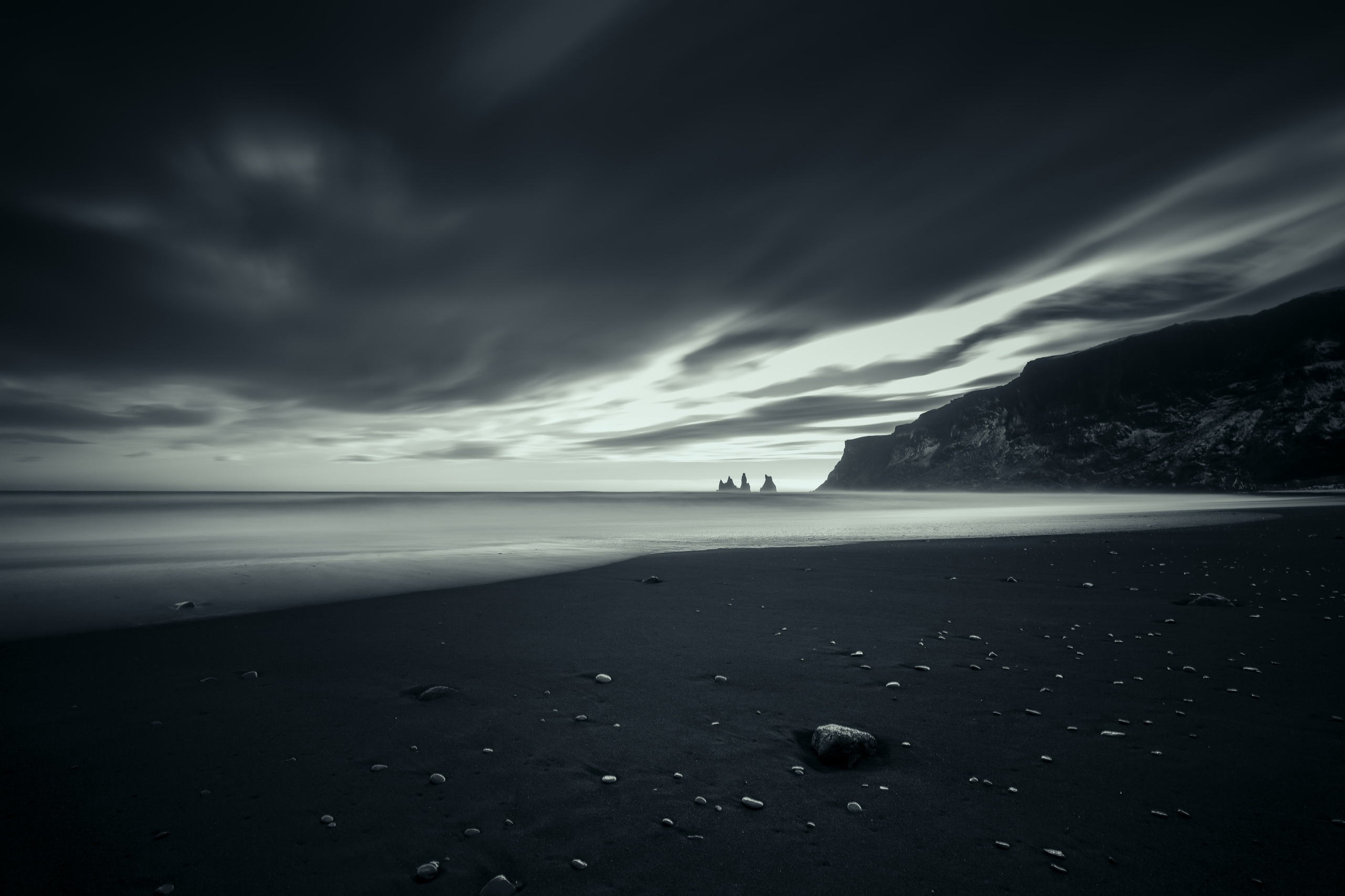 sand, dark, nature, beach, sky, stones HD Wallpaper