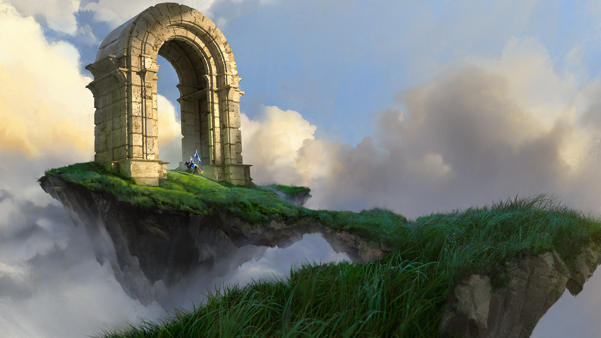 Knight on horseback with flags on a floating island arch HD Wallpaper
