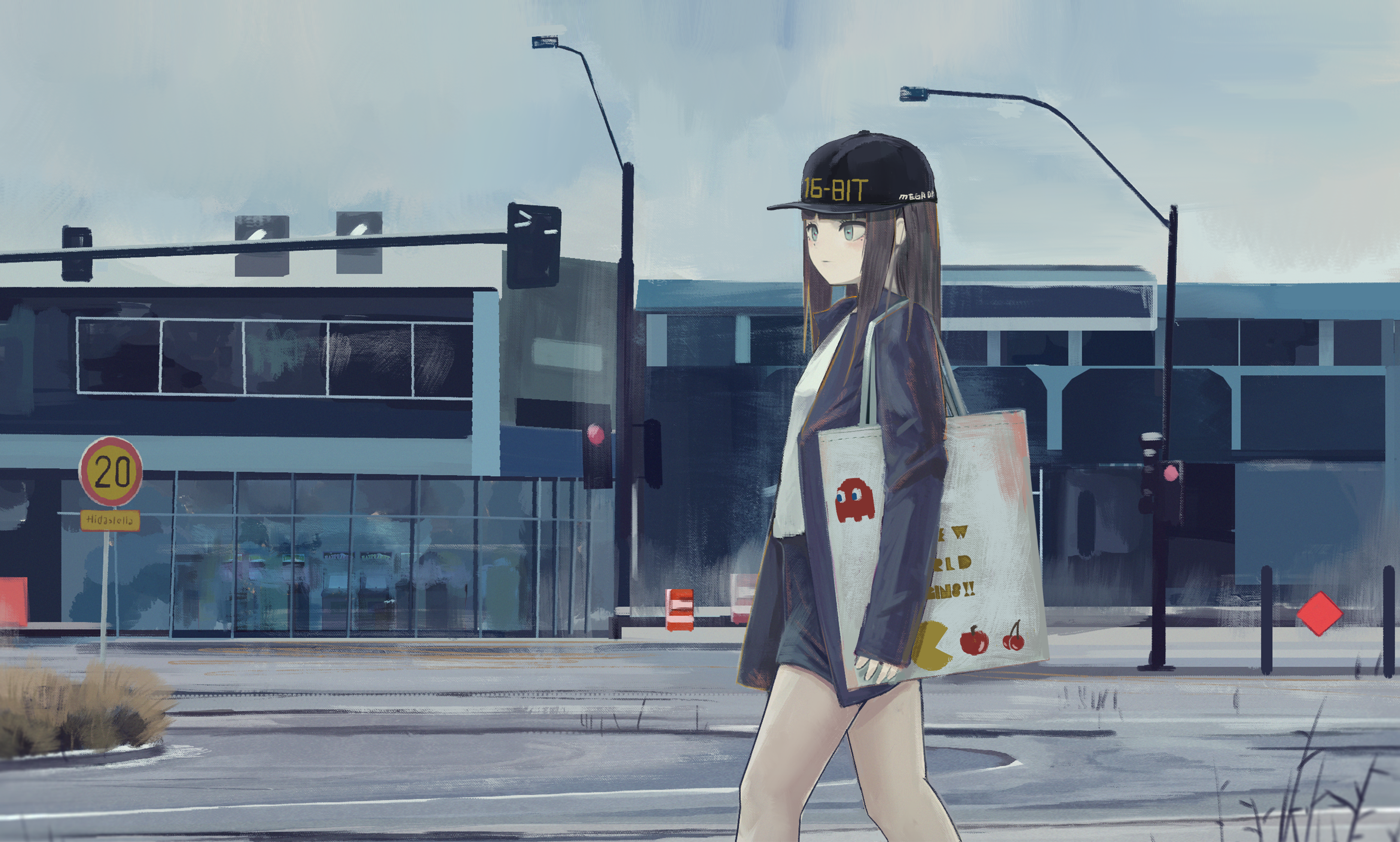 Anime girl with 16-BIT cap walking in city HD Wallpaper