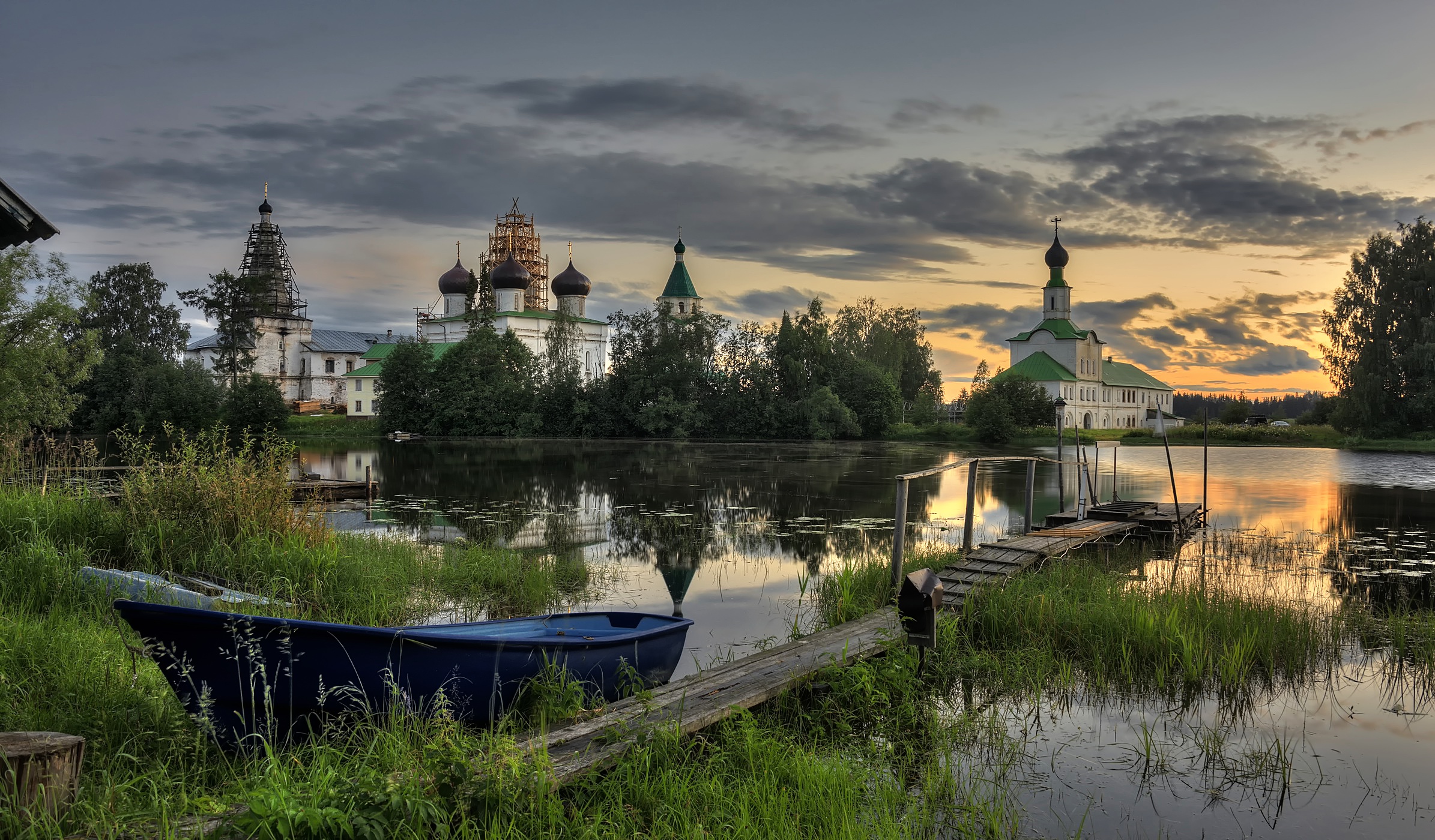 Monastery on a lake at sunset, Russia HD Wallpaper