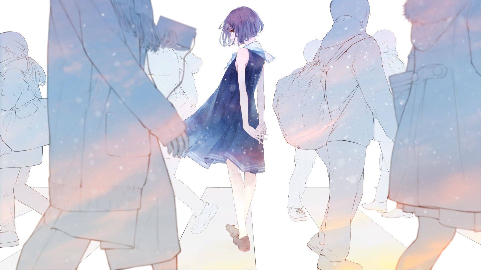 Girl in starry dress walks through a crowd HD Wallpaper