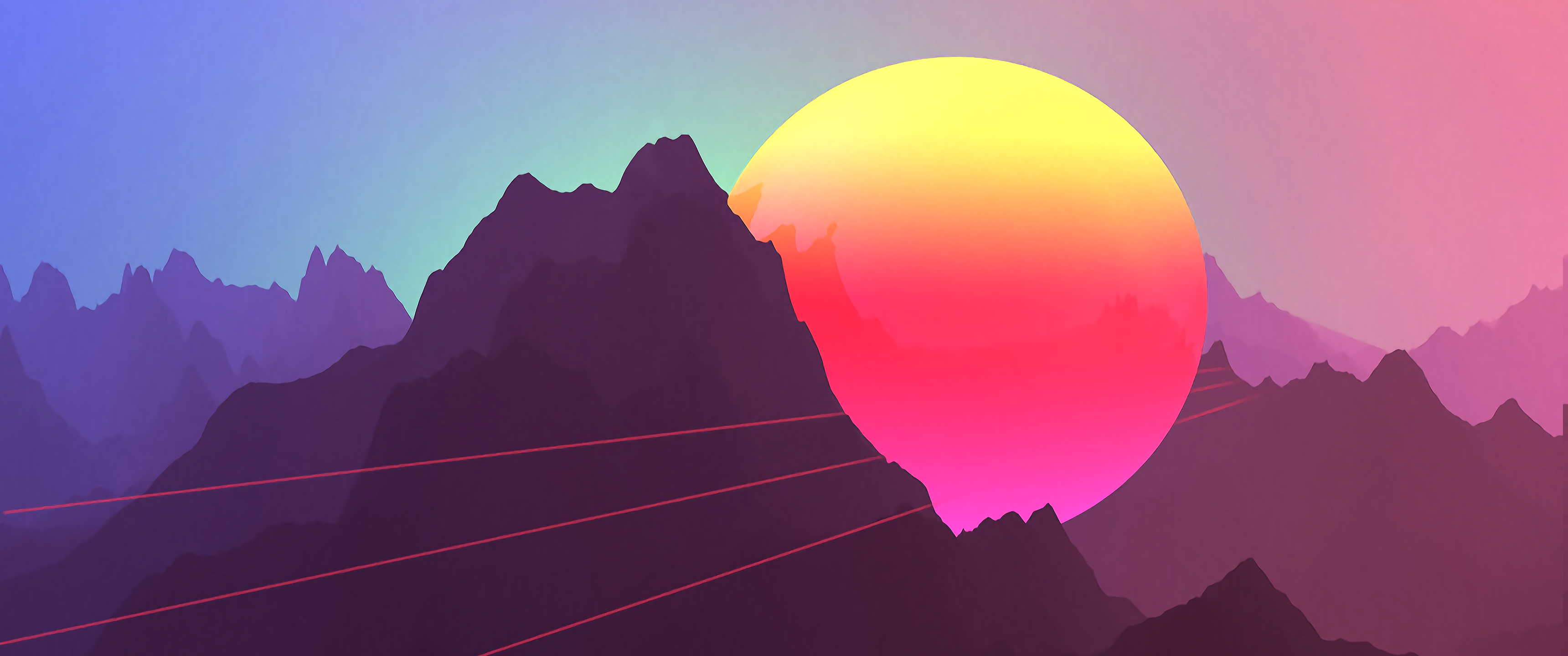 Retro sunset over mountains with neon lines HD Wallpaper
