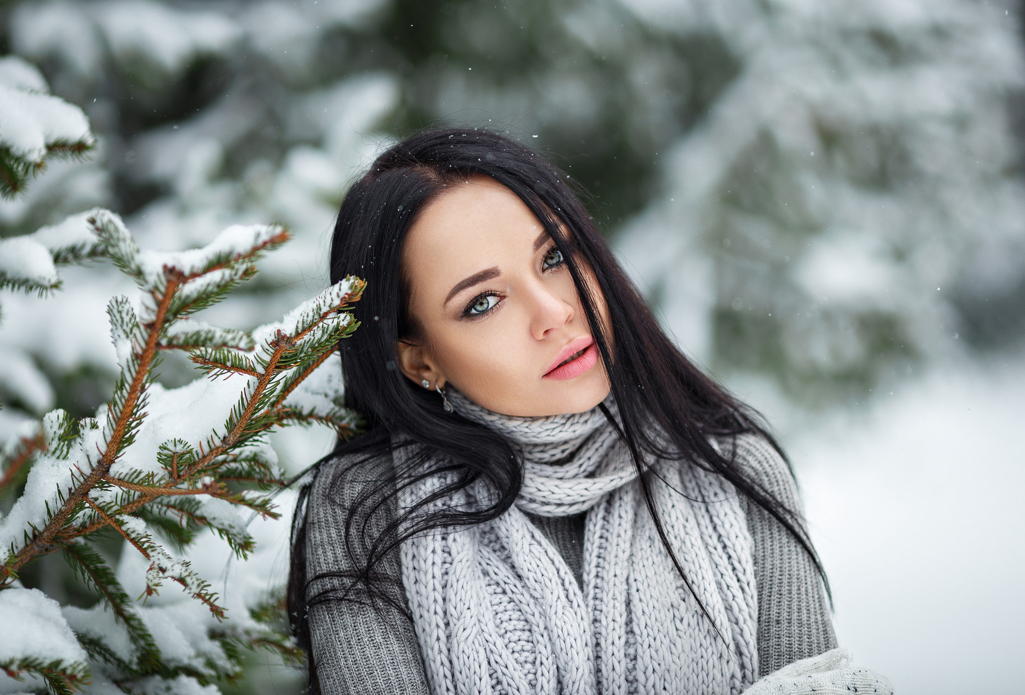 Denis Petrov, sweater, portrait, Angelina Petrova, depth of field, women, scarf, women outdoors, black hair, snow HD Wallpaper