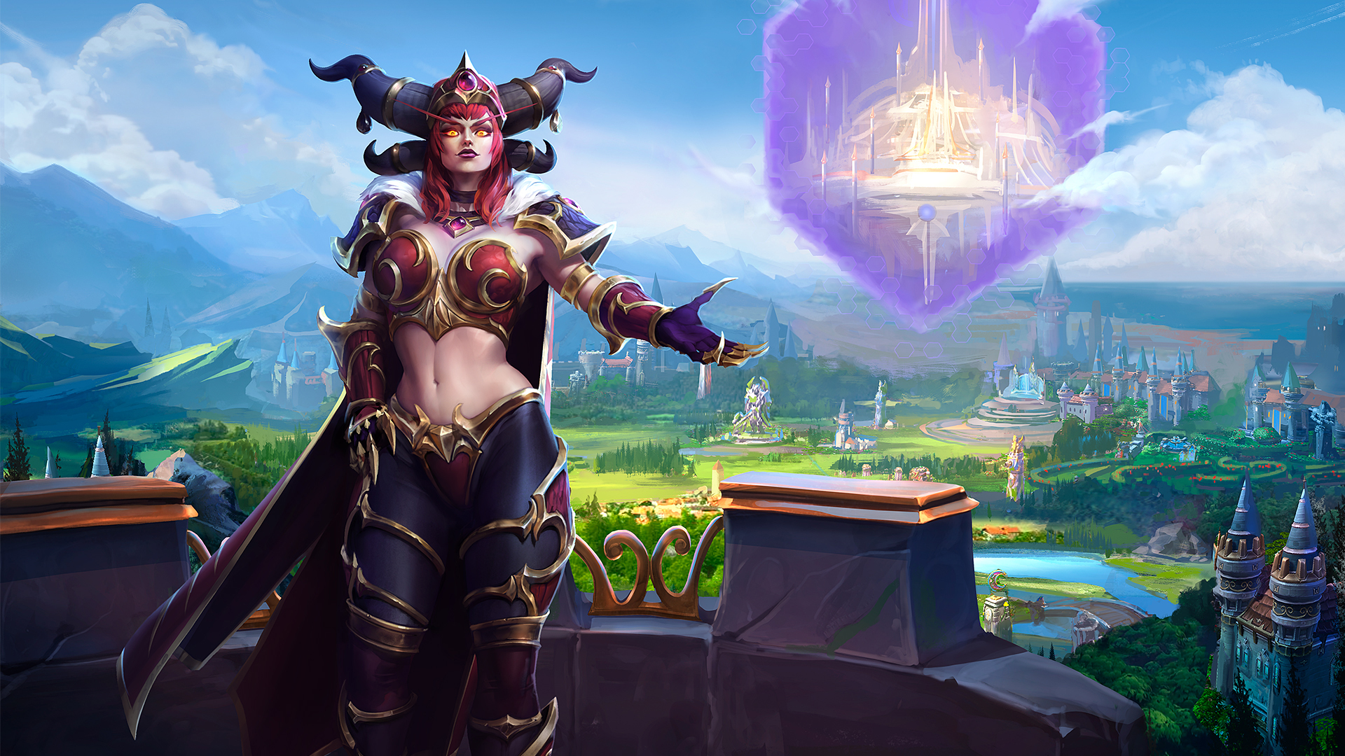 Alexstrasza from Warcraft with a floating structure HD Wallpaper