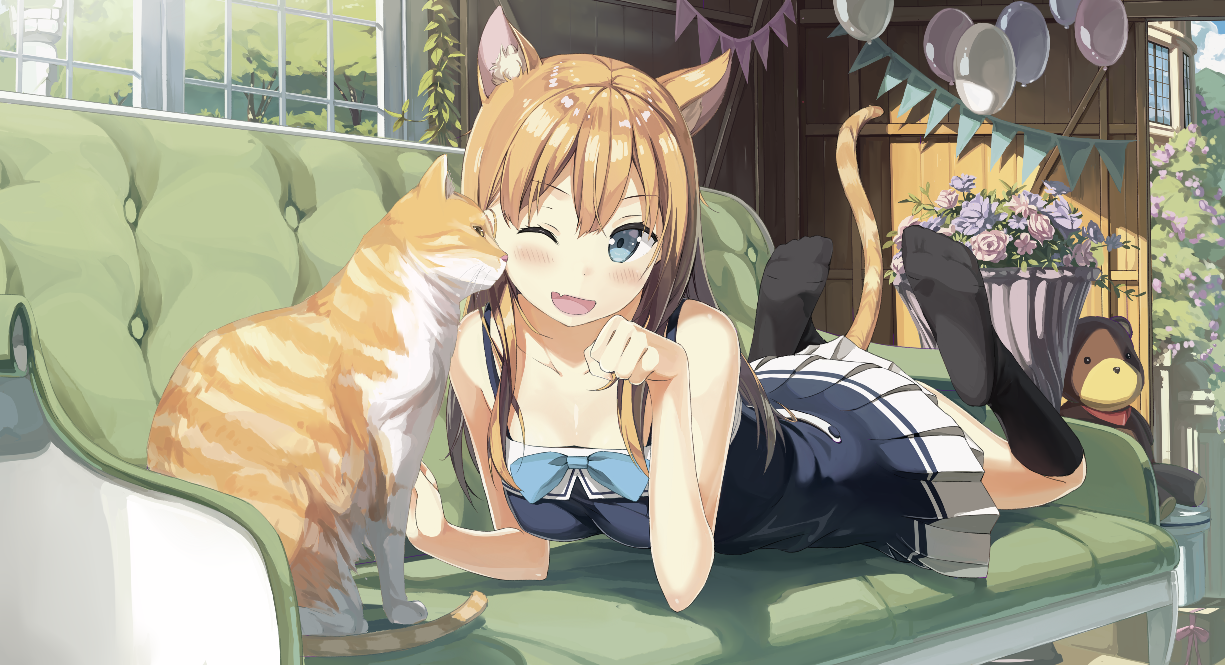 Anime girl with cat ears and tail with a cat HD Wallpaper