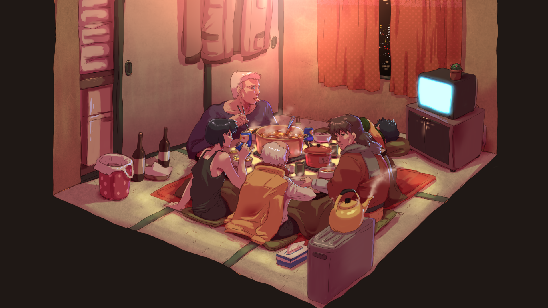 Ghost in the Shell characters eating hot pot HD Wallpaper