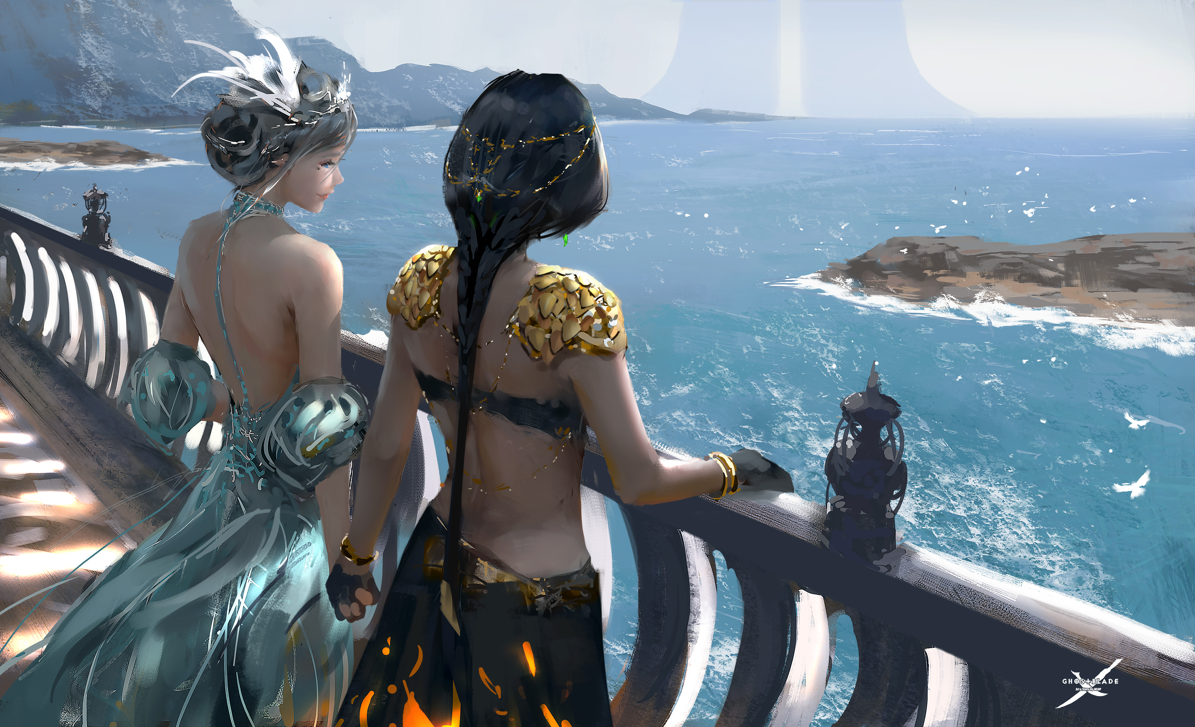 Two women on a balcony overlooking the sea HD Wallpaper