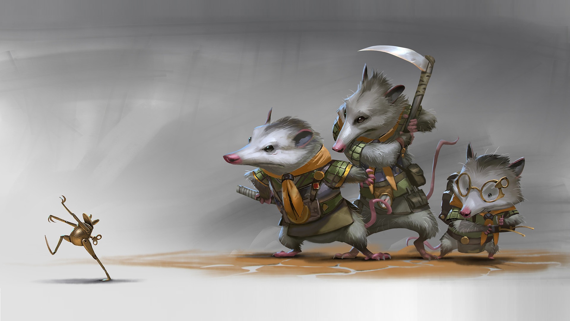 Three possum warriors and a clockwork frog HD Wallpaper