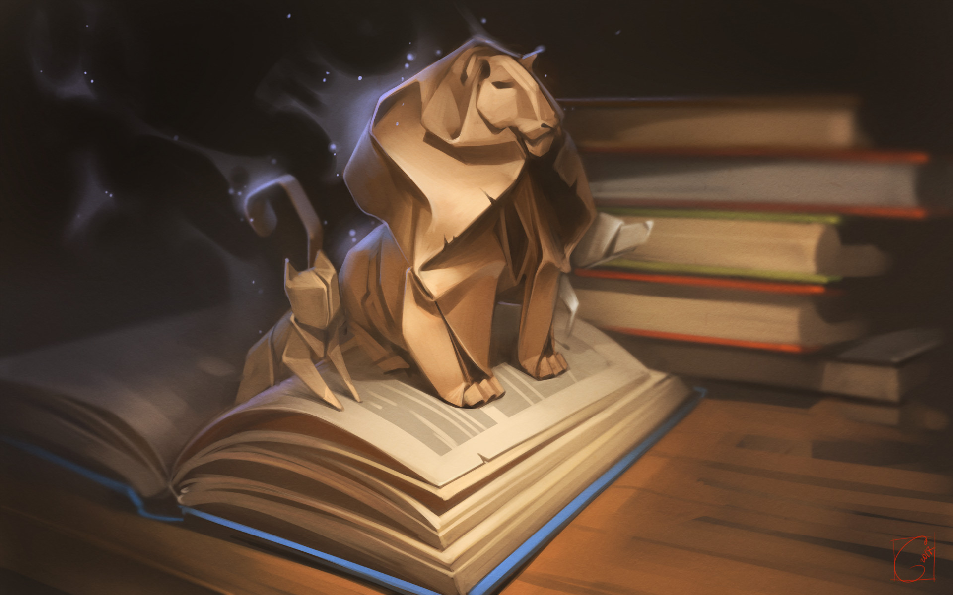Origami lion and cat on books HD Wallpaper