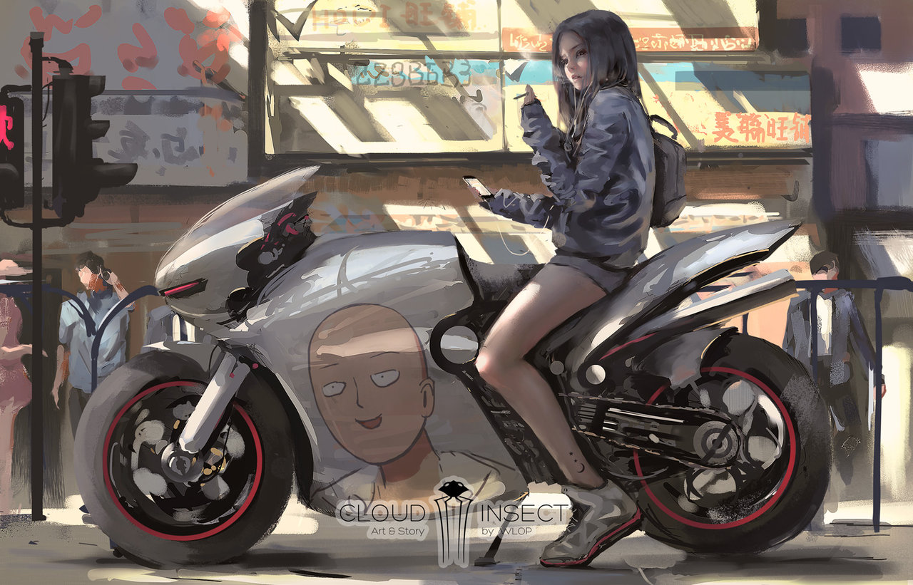 Girl on a motorcycle with Saitama from One-Punch Man HD Wallpaper