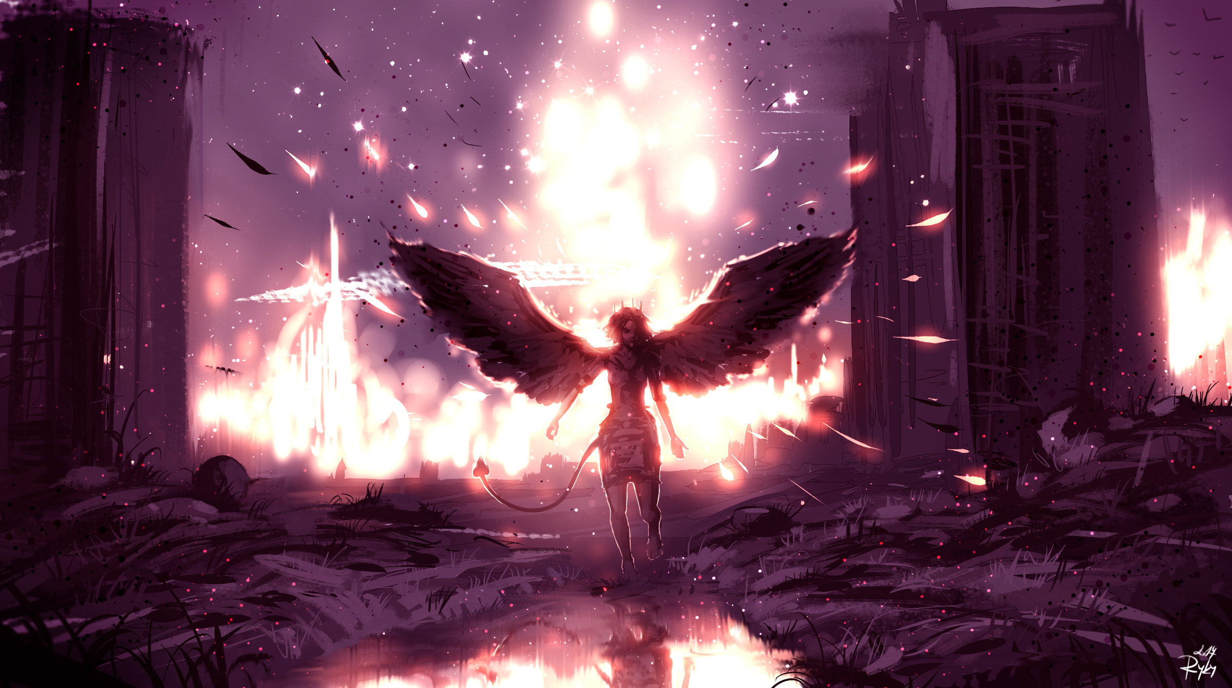Winged figure in a burning, ruined city HD Wallpaper